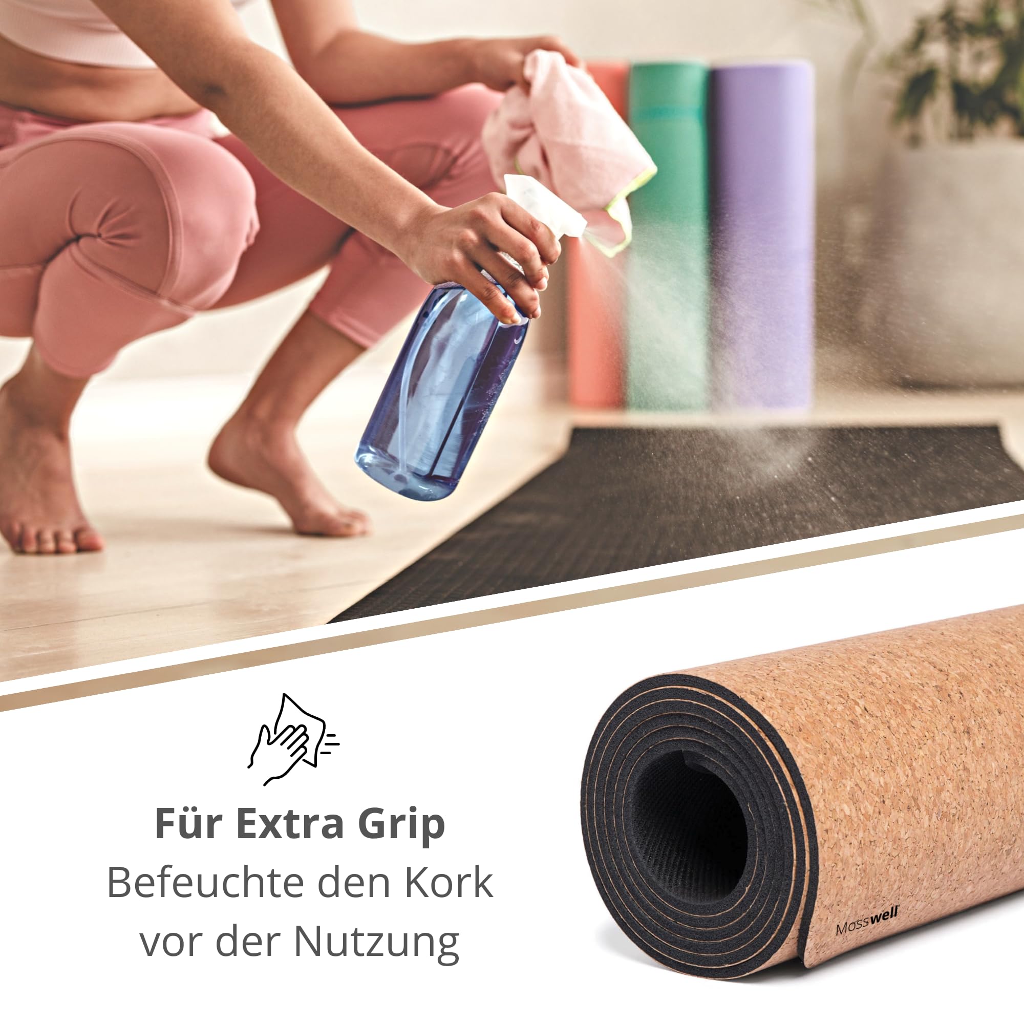 Premium Kork-Yogamatte (4mm dick) - Rutschfeste Fitnessmatte mit Hilfslinien - Pilatesmatte + Yogatasche
