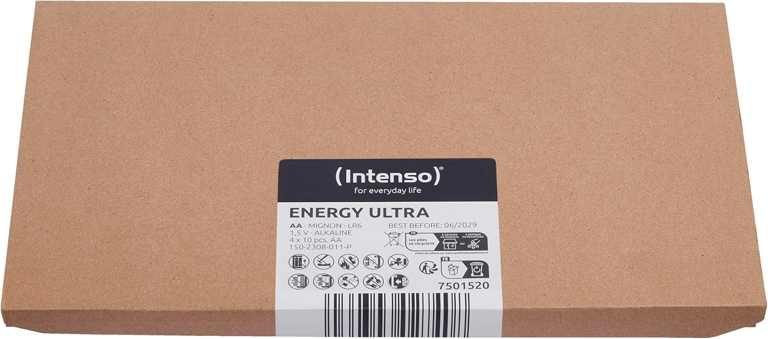 Back of Intenso Energy Ultra AA battery packaging with disposal symbols