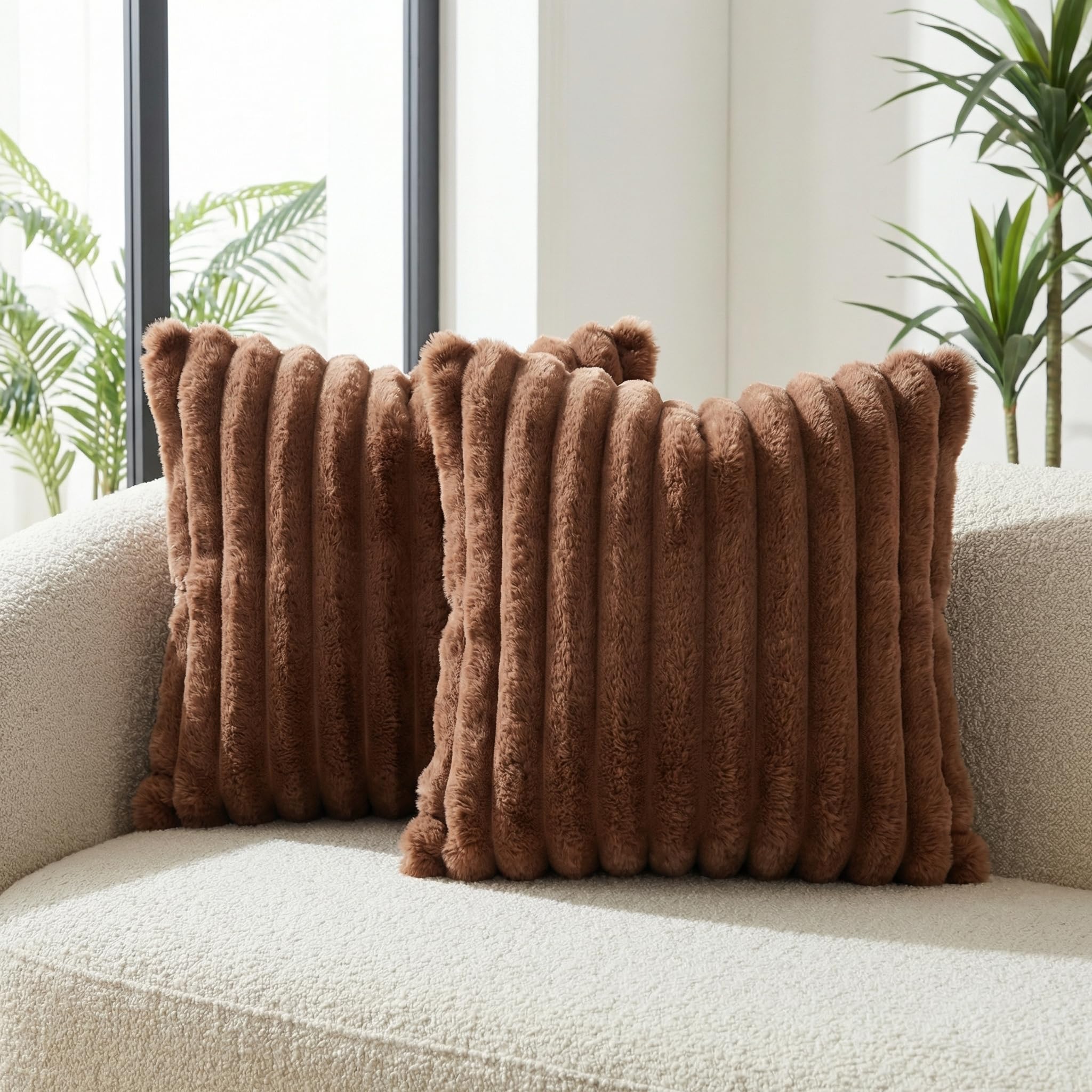 Neelvin Pack of 2 Faux Fur Decorative Throw Pillow Covers 26x26inch 65x65cm Brown Cozy Soft Fluffy Striped Velvet Pillowcase Cushion Covers for Sofa Bedroom Home Decor
