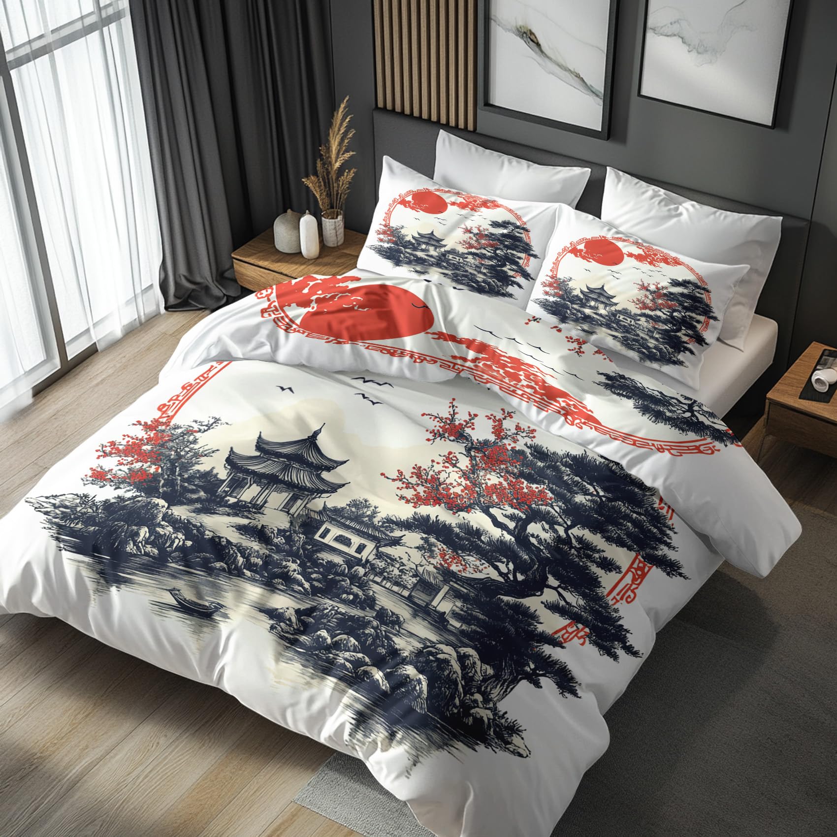 Nogawa Multicolor Asian Bedding Sets King Size - Japanese Chinese Duvet Cover King Size, Reversible Quilt Cover & 2 Pillowcases With Zip And Ties, Ultra Soft And Breathable Brushed Microfibre Bed Set