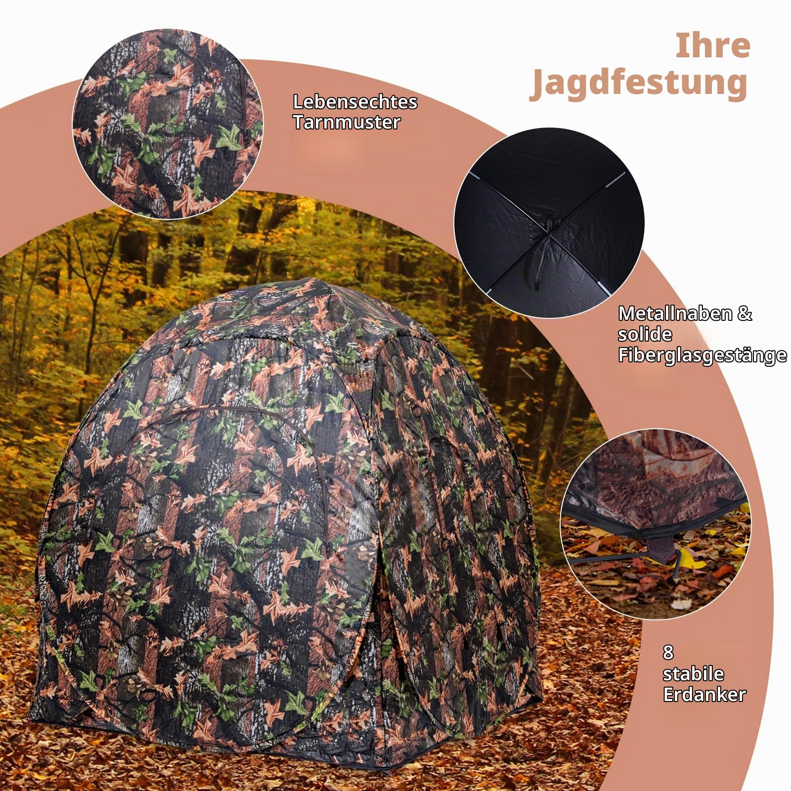 GOPLUS Jagdzelt, Camouflage Tarnzelt für 2-3 Personen, tragbares Pop-up-Zelt mit Tragetasche, Seilen & Erdspießen, Tarnversteck mit 360 Grad Weitsicht für Picknicks, Camping Angeln & Jagd