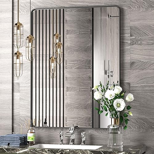 Espejo de baño negro espejo de tocador con marco de acero inoxidable de 24 x 36 pulgadas espejo moderno rectangular de esquina redondeada espejos