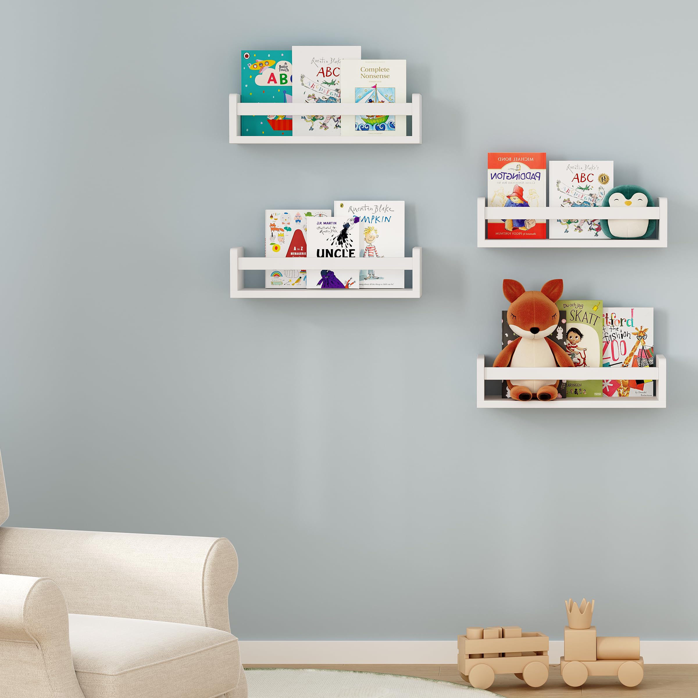 Bücherregal Kinder 2er set,40CM Weiß Nursery Bücherregale für Wand für Kinderzimmer, kleine Wand montiert Kiefer Holz Bücherregal für Baby Teen Jungen Mädchen Schlafzimmer Badezimmer Spielzeug