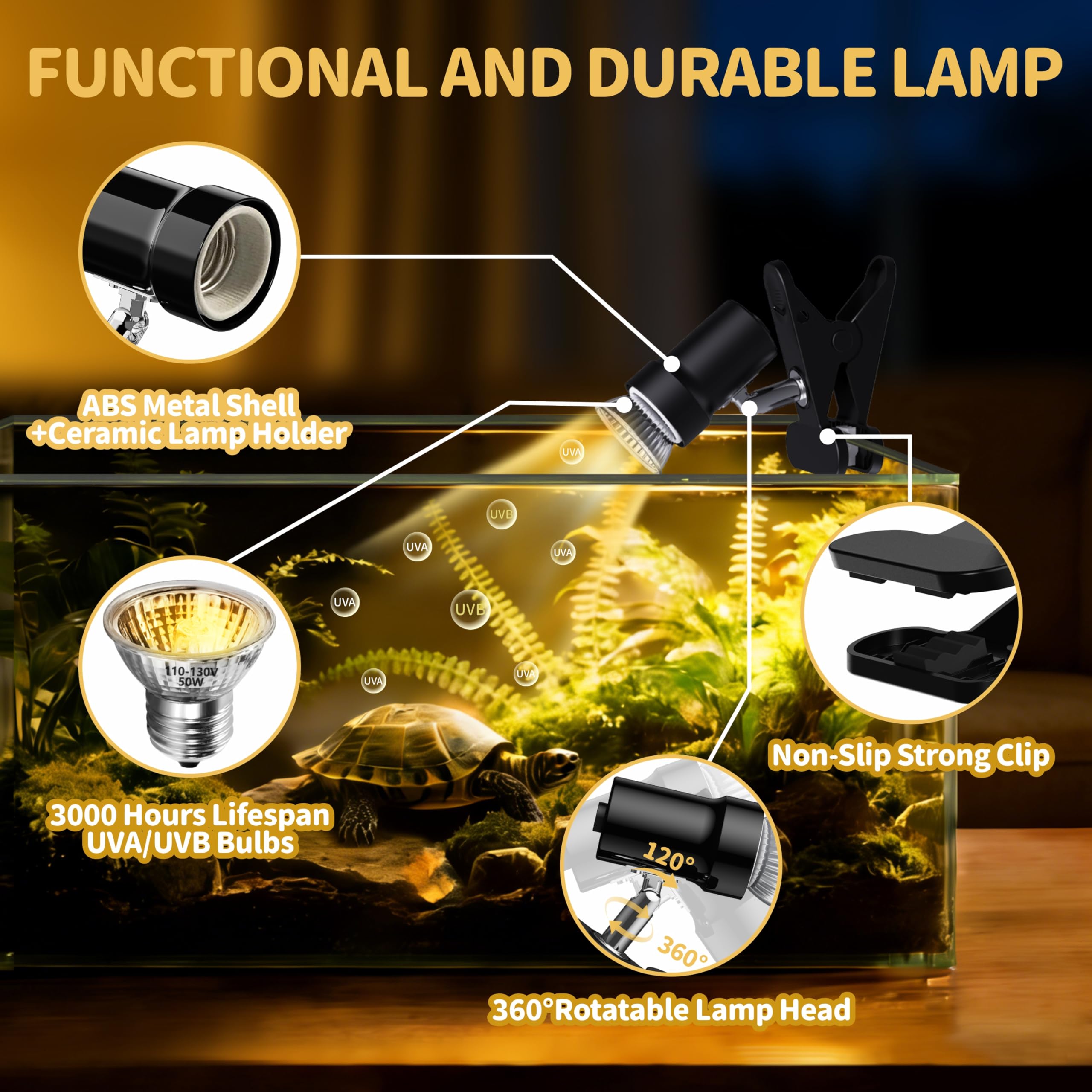 GOZILLA Reptile Heat Lamp, Turtle Lamp with 50W UVA/UVB Turtle Light Bulb, 360°Rotatable Clip Reptiles Basking Light for Amphibian and Reptile Tanks, Terrariums, Cages.(Black) — view 3