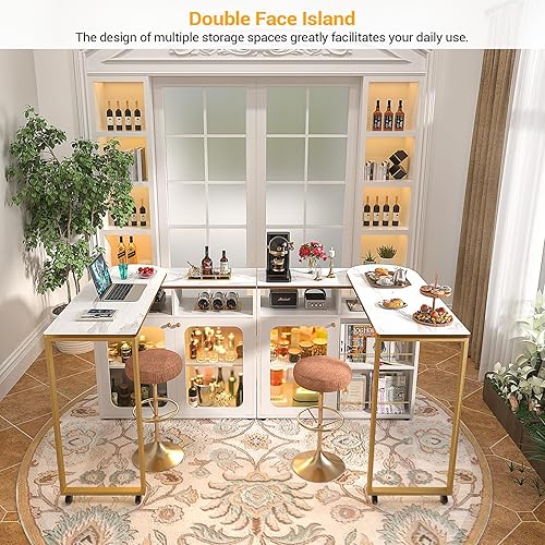 Miniatura 2 de Cyclysio Armario giratorio de 360, barra casera de 59 pulgadas con luz LED y estación de carga, gabinete de vino plegable de doble cara con