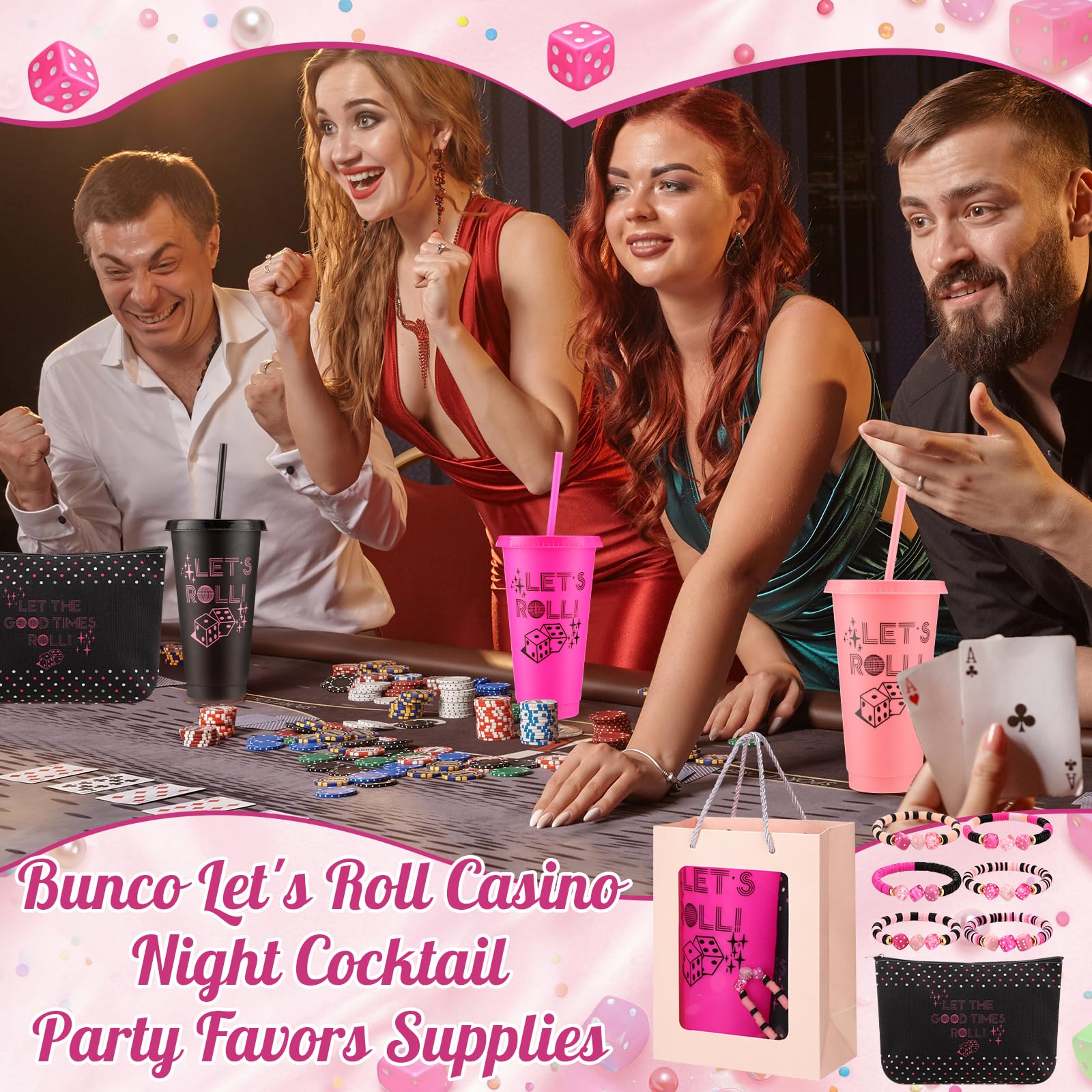 Remerry 24 Pcs Bunco Party Favors Let's Roll Plastic Cups with Lids and Straws Bunco Cosmetic Bags Dice Bracelets and Pink Gift Bags Casino Decoration for Guests Prize Bachelorette Birthday Wedding