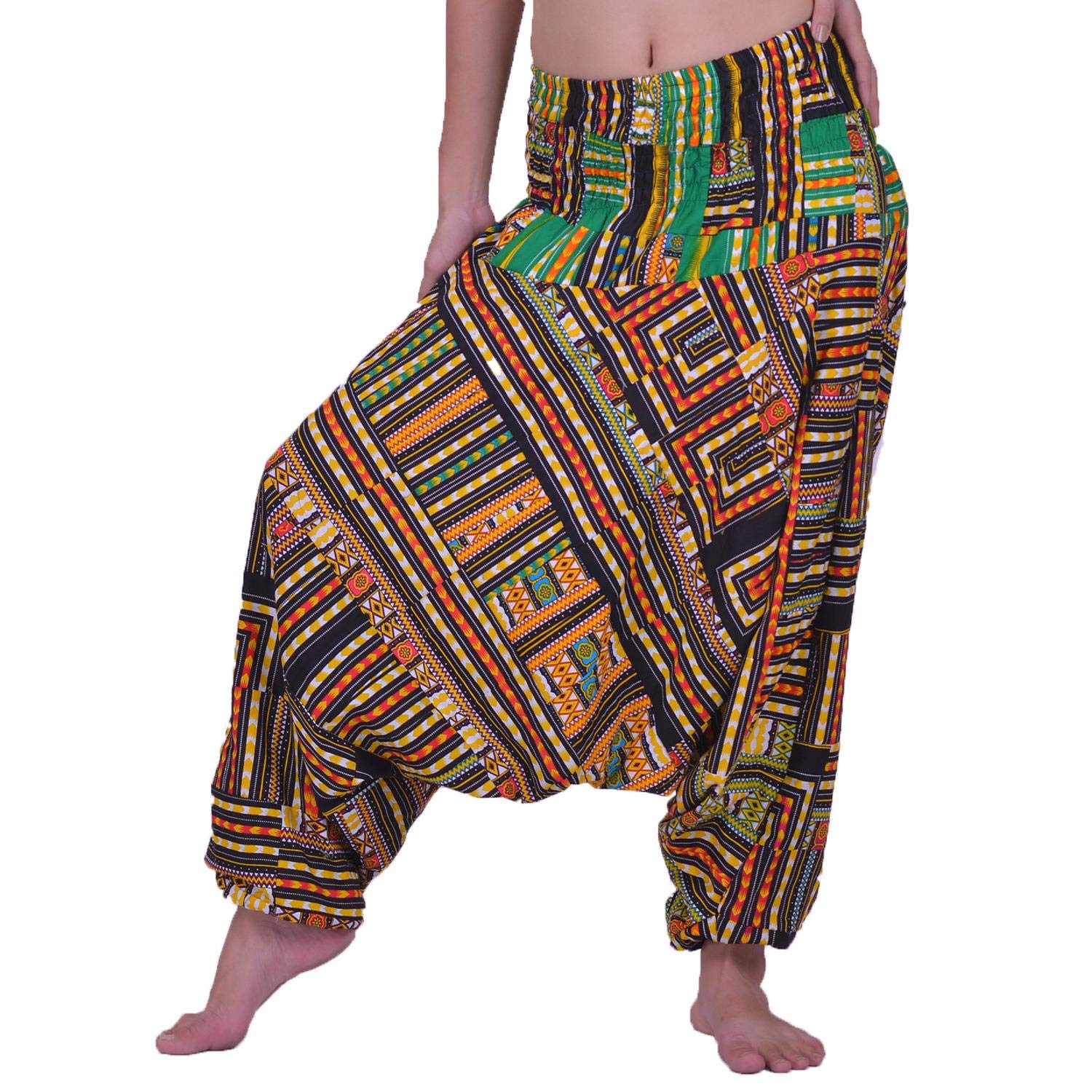 Lofbaz Women's Smocked Waist Floral Pattern 2 in 1 Patch Harem Pants Jumpsuit – Dashiki Yellow – OS