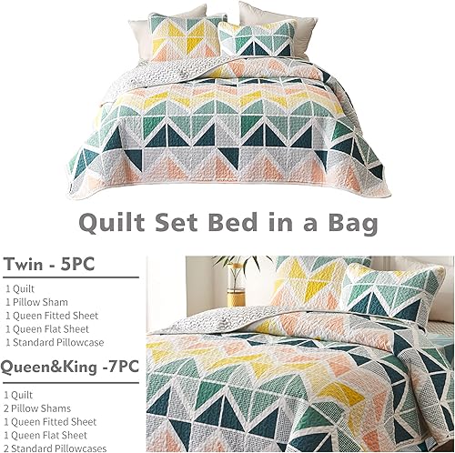 Miniatura 5 de Juego de edredón en una bolsa, 7 piezas, tamaño King, cubos coloridos, amarillo y verde, cubrecama completo transpirable de verano (1 edredón, 2