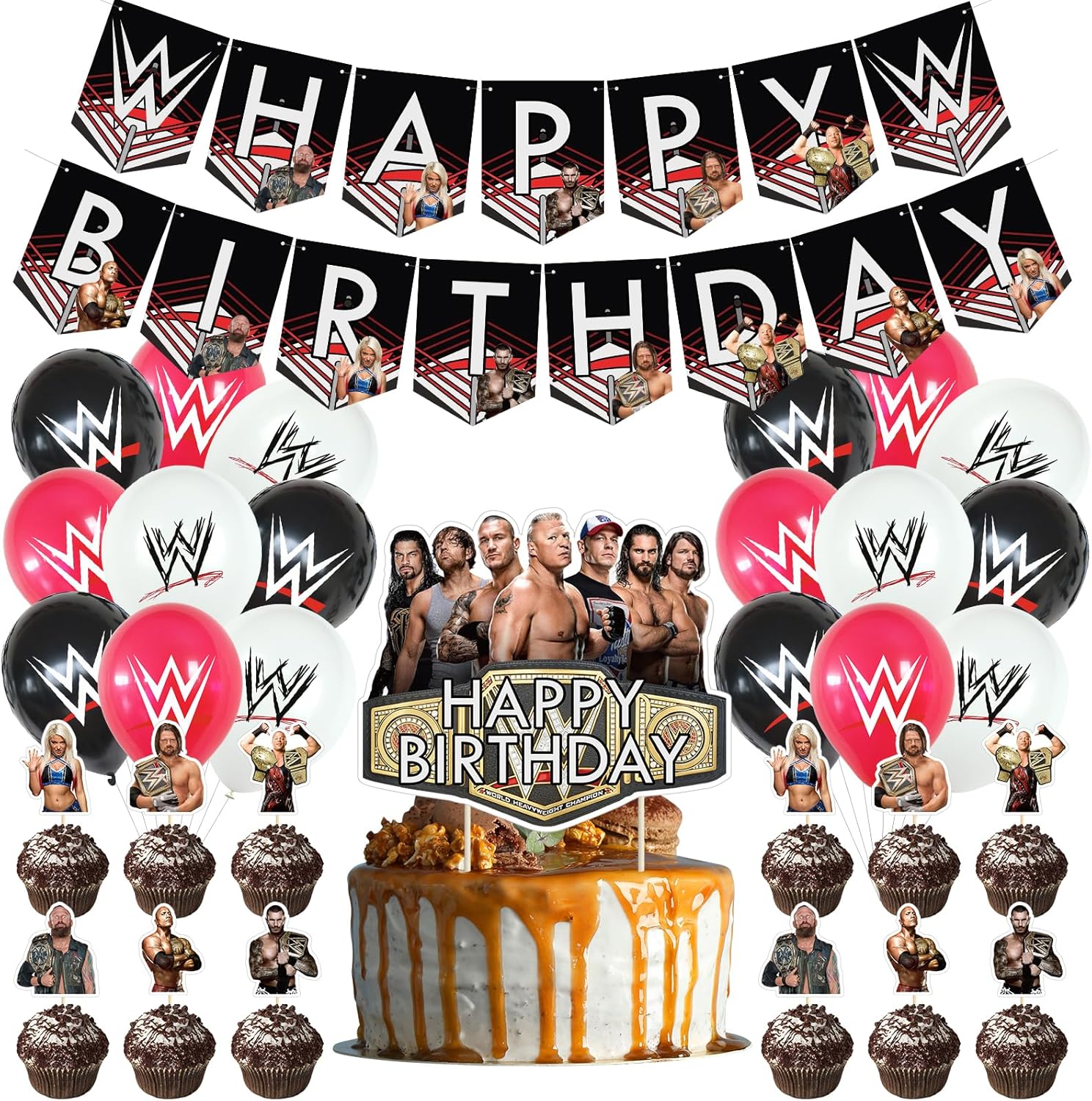 Wrestling Birthday Decorations, Wrestling Party Supply include Happy Birthday Banner, Cake Topper, Cupcake Toppers, Balloons for Kids Adults Party Decorations (Black)