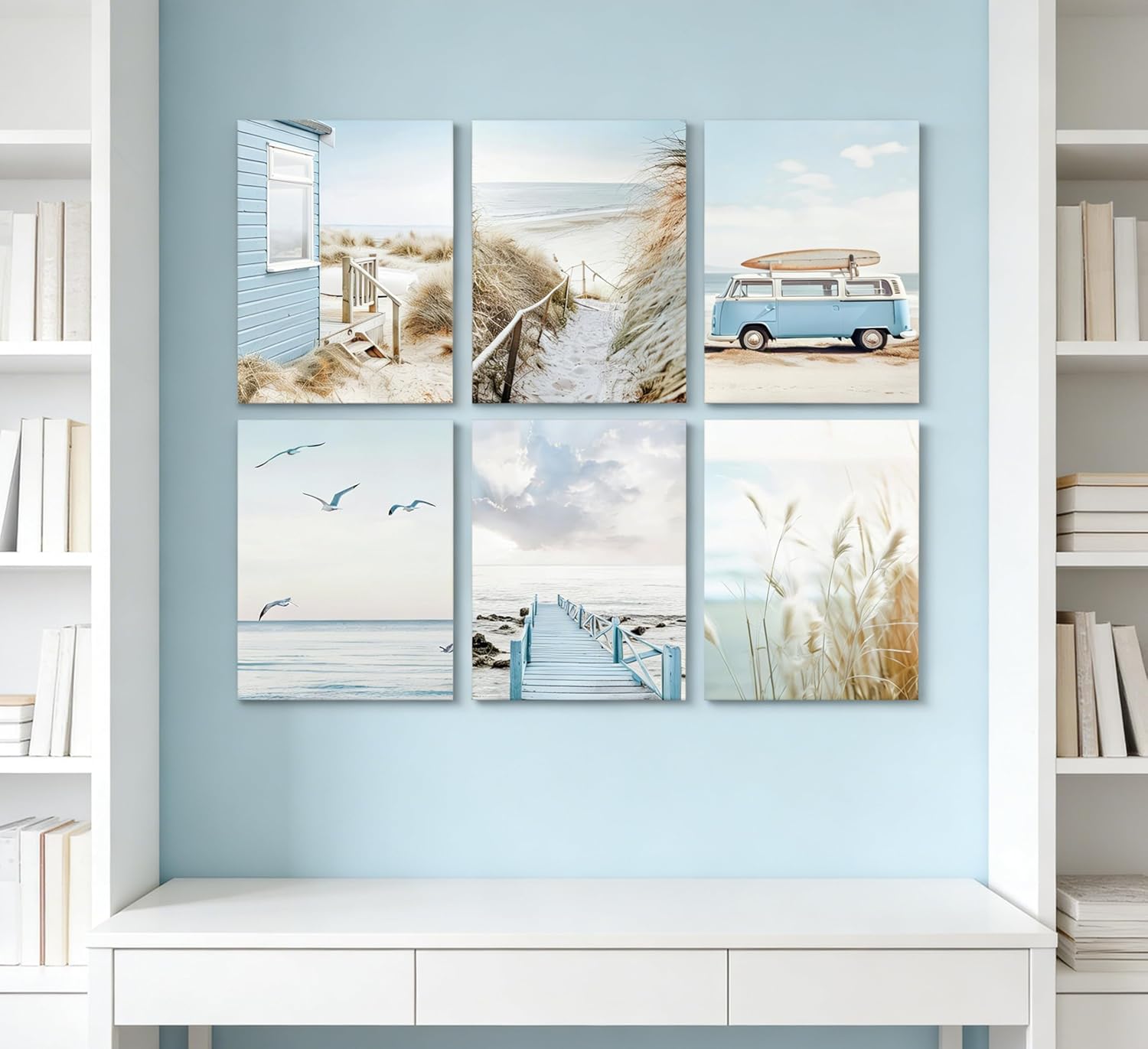 6Pcs Blue Coastal Beach Canvas Wall Art Summer Tropical Ocean Picture Wall Decor Nautical Surfboard Bus Posters Preppy Beach Painting Prints Artwork for Living Room Bedroom Bathroom Home Decoration