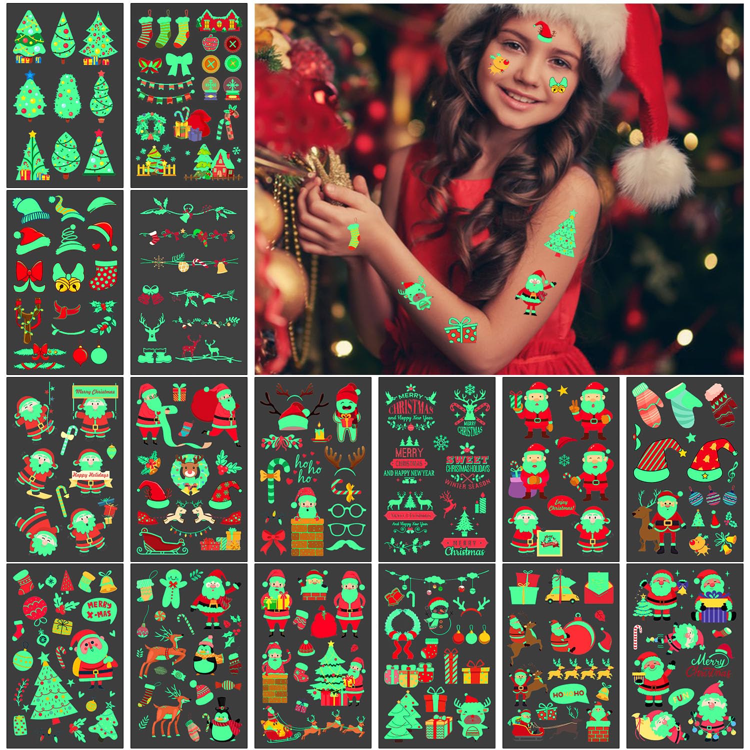 Luminous Christmas Tattoos for Kids 16 Sheets Glow in the Dark Tattoos for Kids, Cute Kids Tattoos Temporary for Girls Boys, Christmas Glow in the