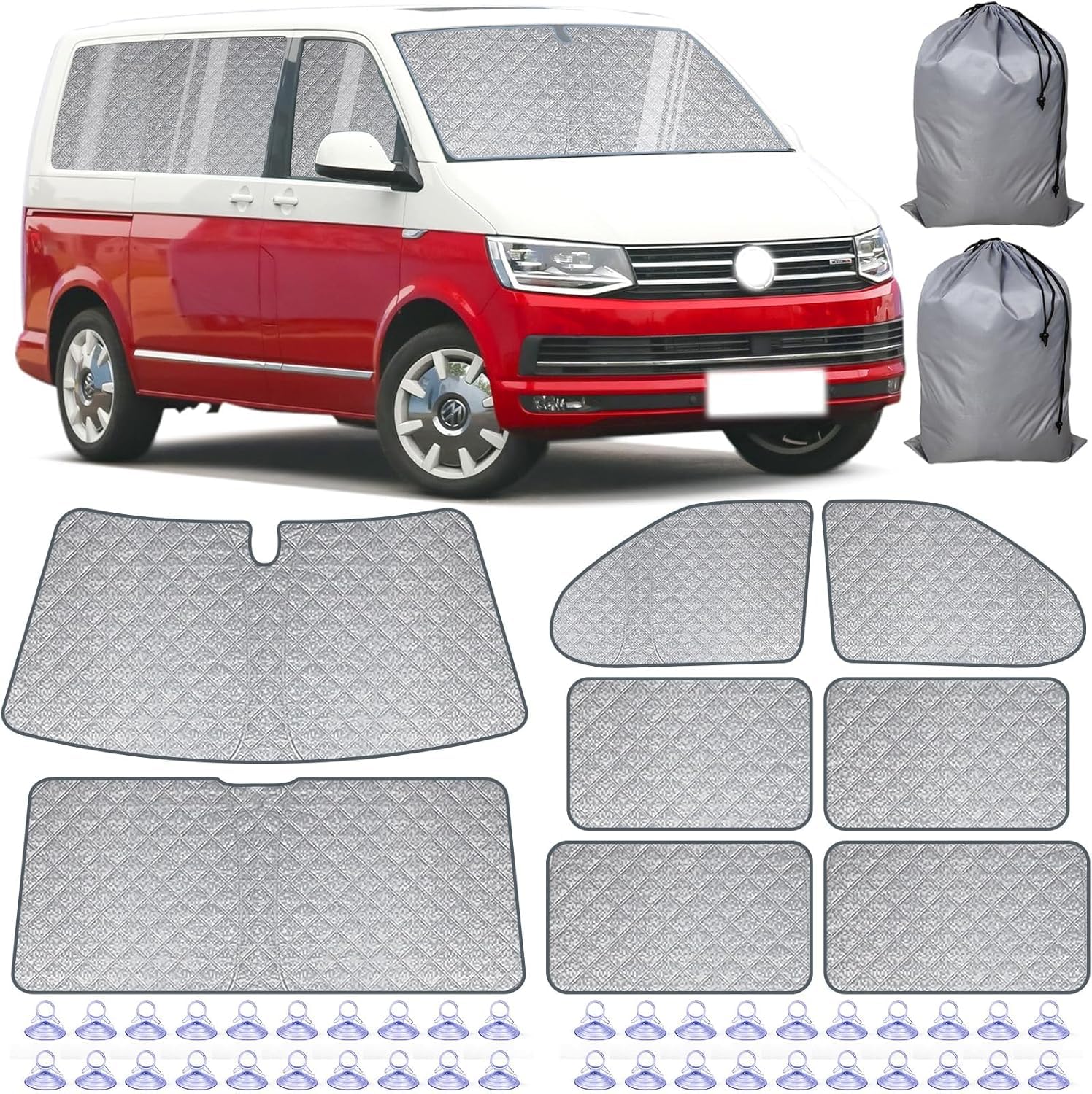 Interne Thermo-Jalousien-Set für VW T5, T6, LWB, Van, 8 Stück, Thermo-Windschutzscheibenabdeckung mit 40 Saugnäpfen, Wohnmobil-Fensterisolierung, Sonnenschutz, silberfarbene reflektierende