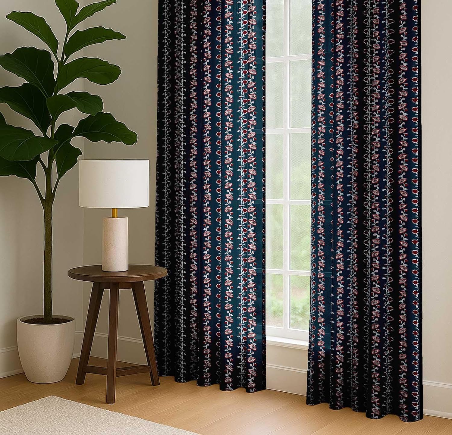 Cotton Curtains for Windows - 3-in-1 Rod Pocket/Back Tab Short Window Drapes - Light Filtering Cotton Canvas Panels - Set of 2, 52"x63" - Floral Print (Blue)
