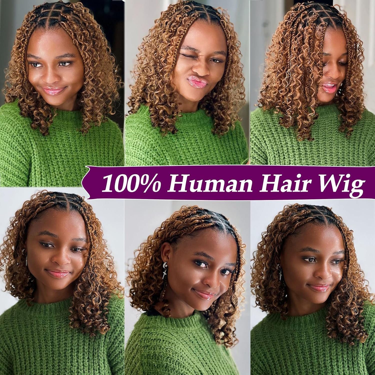 Wear and Go Glueless Wigs Human Hair Pre Plucked Pre Cut 10 Inch 2/30 Curly Boho Braided Bob Wigs Human Hair 200% Density Ombre Brown Curly Lace Closure Drawstring Braided Wig for Women