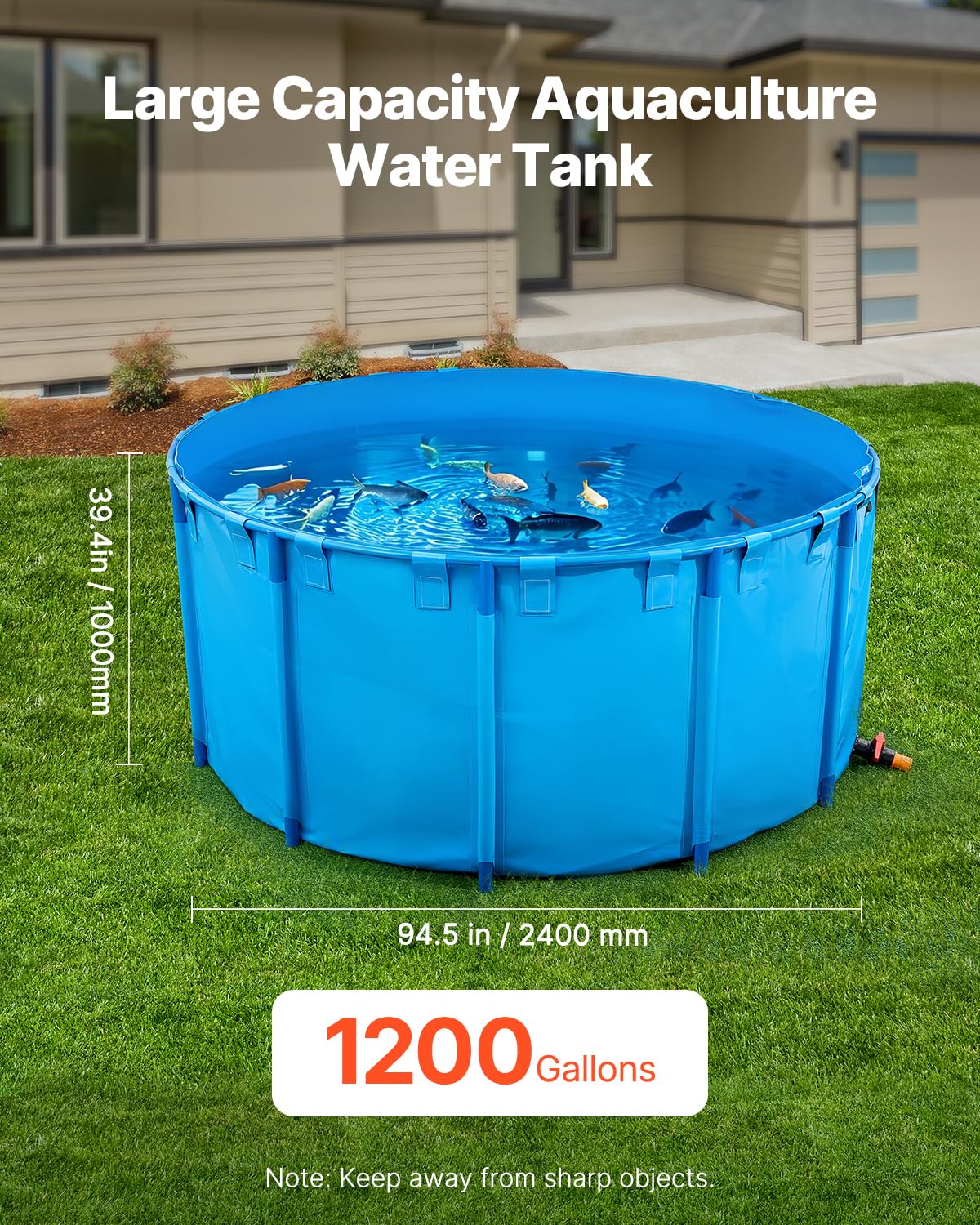 VEVOR Bassin à Poissons Hors Sol, Capacité 4550 L, Étang à Poissons en Toile PVC, avec Cadre Stable en Plastique et Vanne de Vidange, pour Aquaculture, Élevage de Poissons Rouges, Carpes, Koïs, Bleu