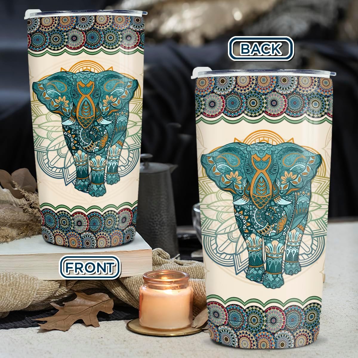 wowcugi Elephant Tumbler 20oz Mandala Style Coffee Travel Mug Stainless Steel Insulated Tumblers Gift for Women, Girls, Mothers Day, Birthday, Christmas - Image 2