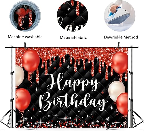 Miniatura 5 de Cartel de feliz cumpleaños rojo y negro para mujeres y niñas, 7 pulgadas de ancho x 5 de alto, fotografía moderna de lujo con puntos de purpurina,