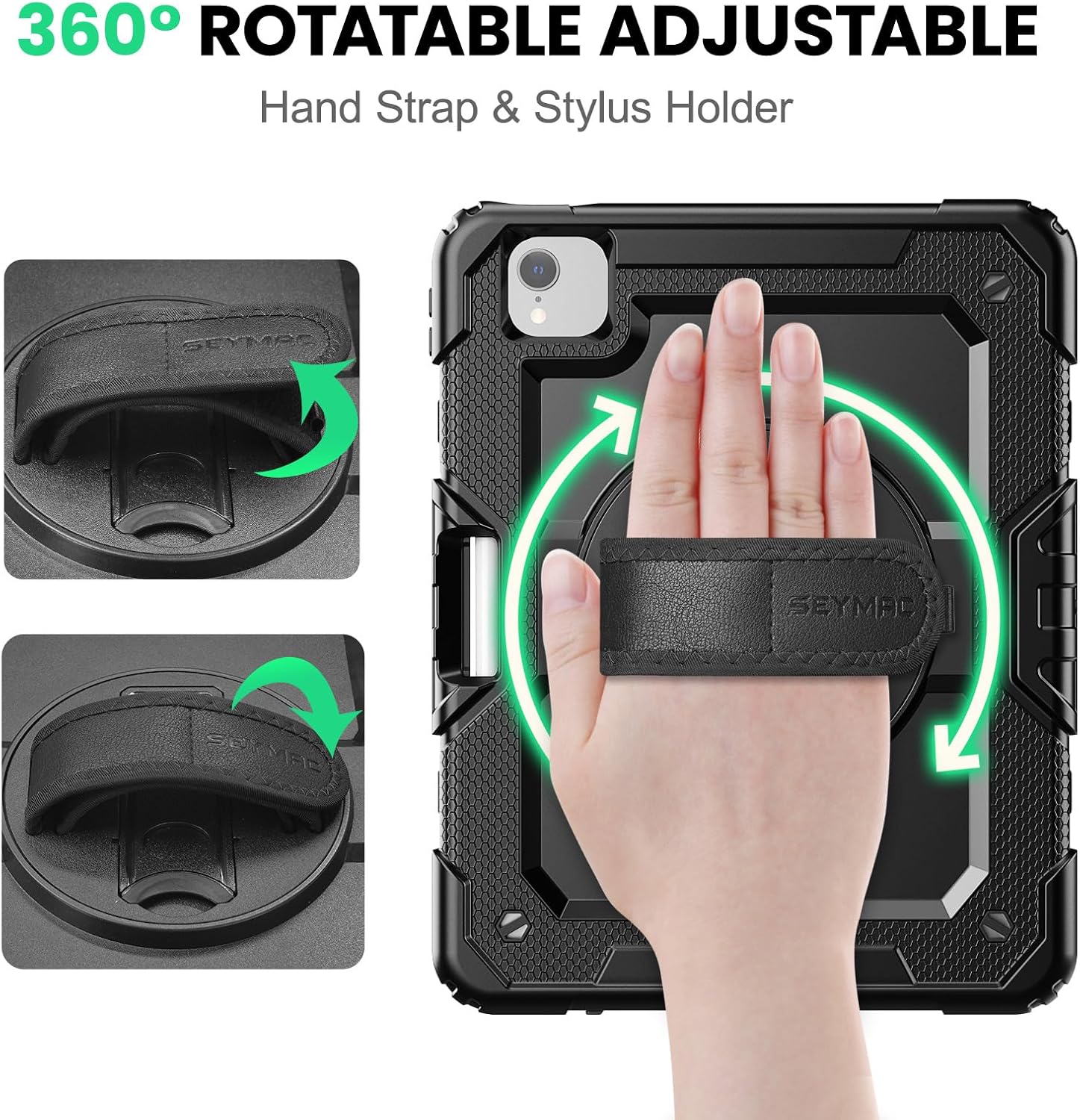 SEYMAC Case for iPad Air 5th/ 4th Generation 10.9 Inch, Full-Body Shockproof Protective Case with Screen Protector, Rotating Stand/Handle/Shoulder Strap/Pencil Holder for iPad Air 5/ Air 4, Black