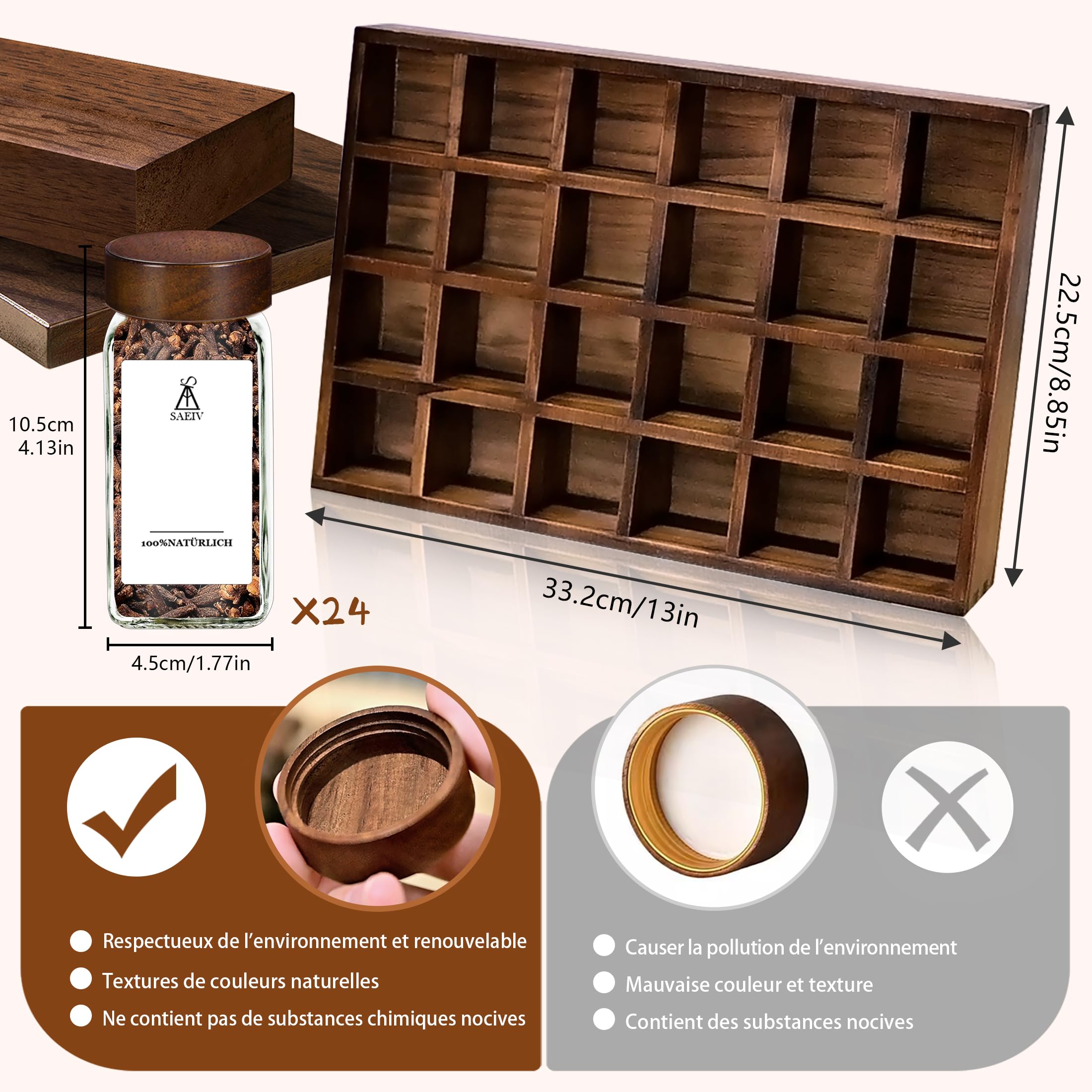 SAEIV 24 Pièces Pot à Épices en Verre et Bois Couvercles en Acacia, Bocaux Borosilicaté Sans BPA, Plateau en Acacia, Porte-Épices Hermétique, Étagère Compacte, Rangement Cuisine & Tiroir Gain de Place