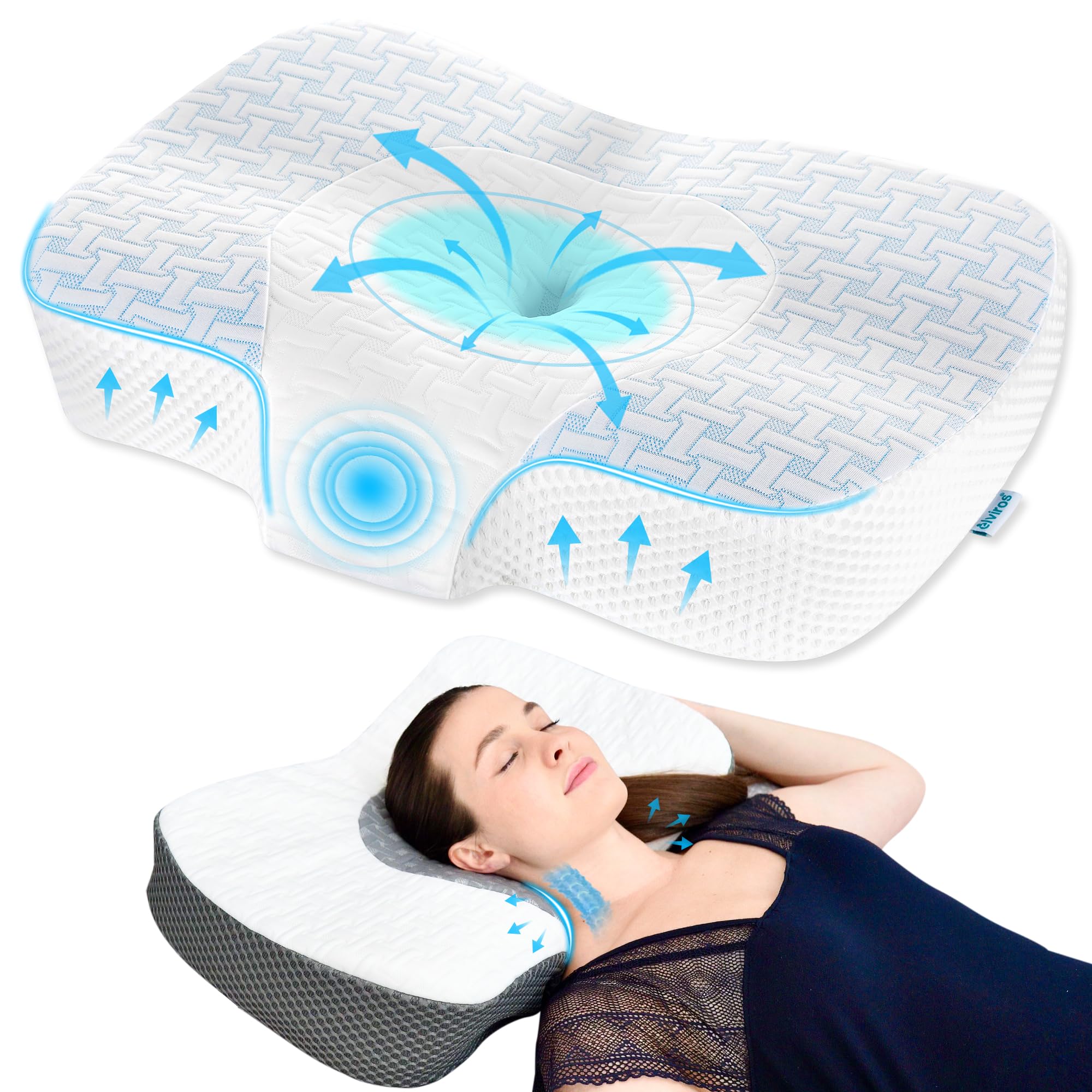 Elviros Cervical Neck Pillow for Neck and Shoulder Relief, Ergonomic Memory Foam Pillow for Side, Back and Stomach Sleepers, Adjustable Height Bed Pillow for Sleeping, Blue-S