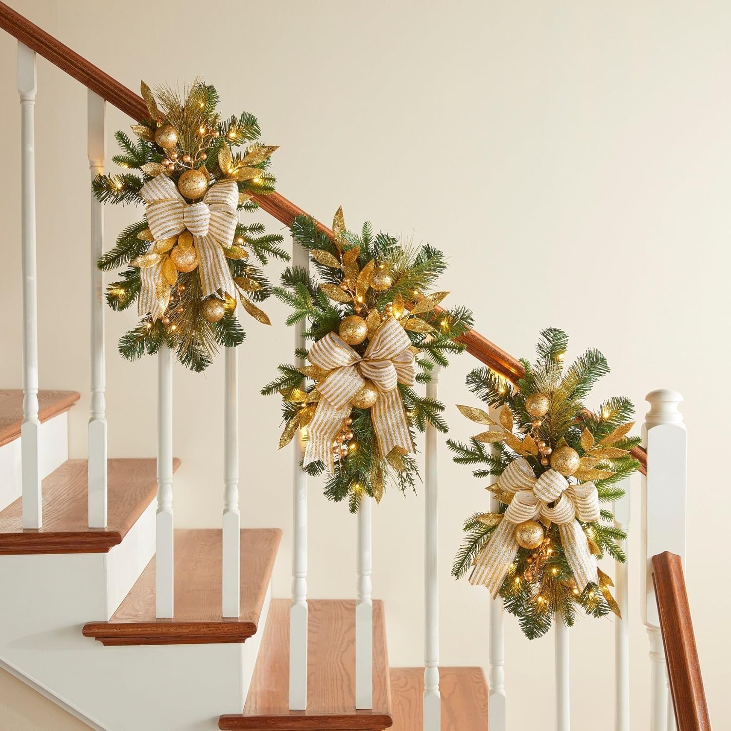 BrylaneHome 24" Pre-Lit Holiday Classics Stair Swag - Gold