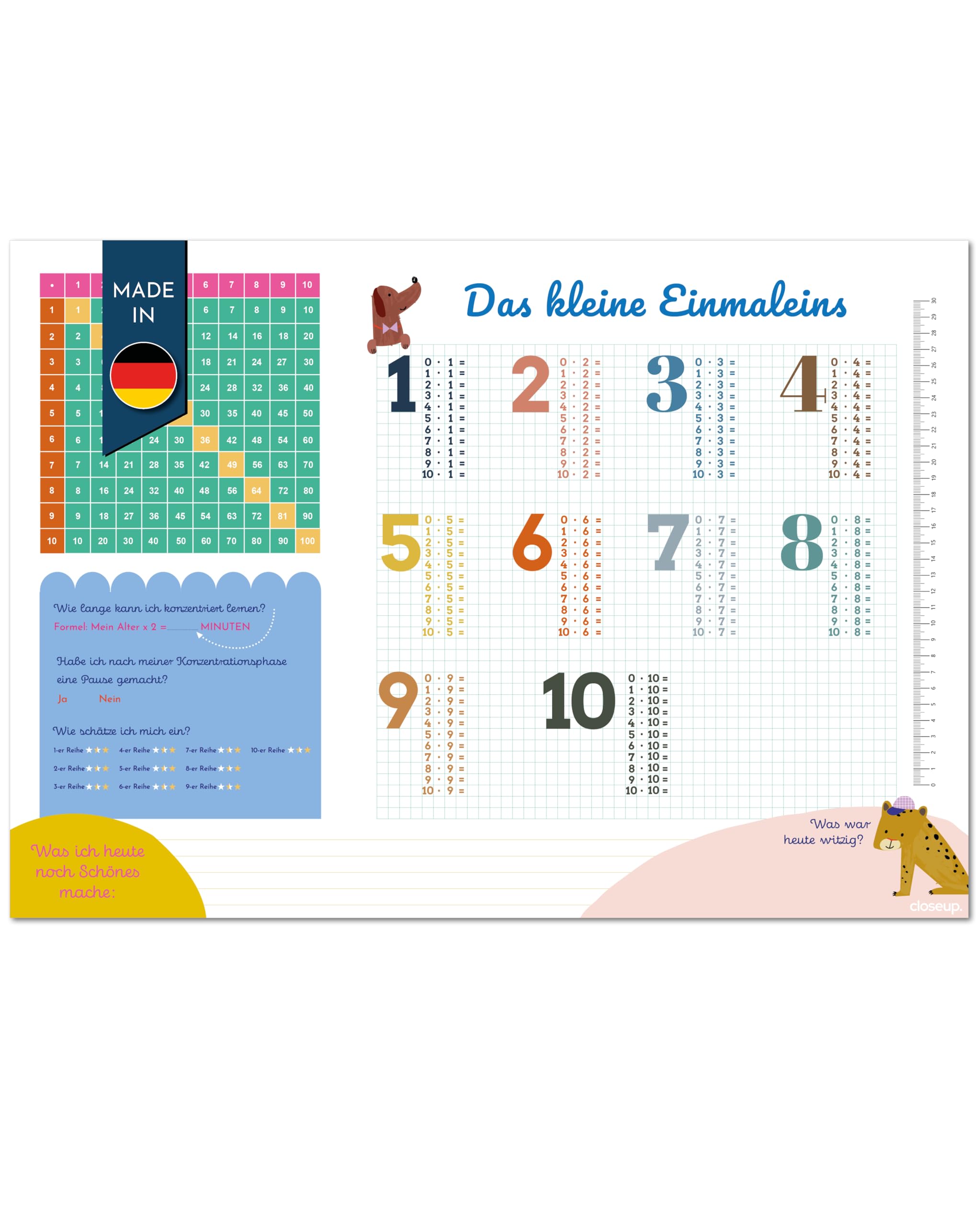 1x1 Schreibtischunterlage DIN A2 – Das kleine Einmaleins für Kinder | Lernunterlage mit Pausenrechner, Selbstkontrolle & Mathe-Tabelle | 25 Blatt | Made in Deutschland
