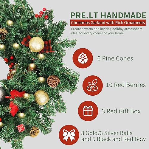 Miniatura 4 de Guirnalda de Navidad con luces, corona de Navidad preiluminada de 9 pies con 50 luces blancas cálidas, 8 modos de iluminación, guirnalda de pino