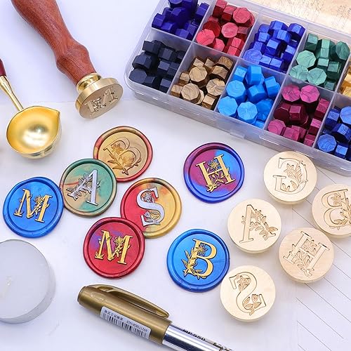 Miniatura 4 de SWANGSA Kit de sello de cera inicial del alfabeto P, elegante sello de sellado de letras florales de flores botánicas con 200 cuentas de cera de