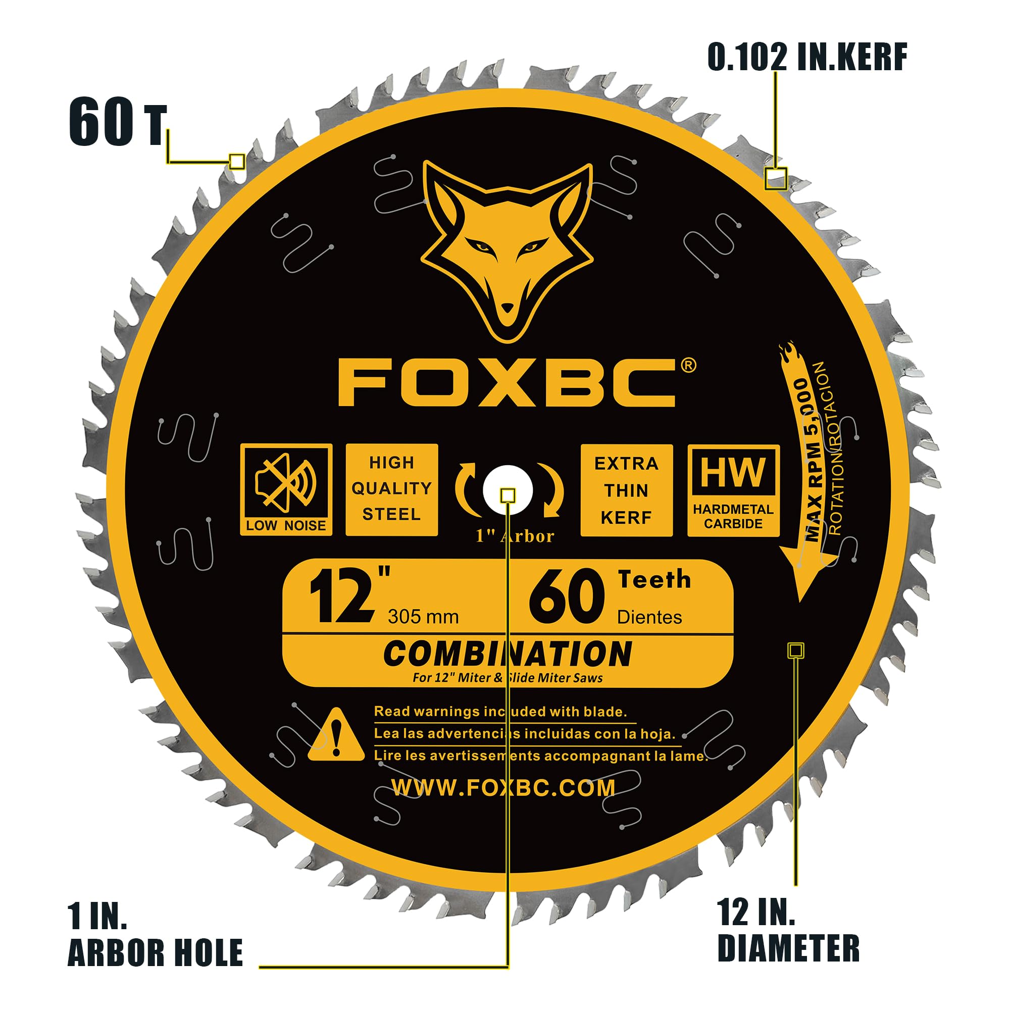 FOXBC 12" Miter Saw Blade - 60 Tooth Carbide -3