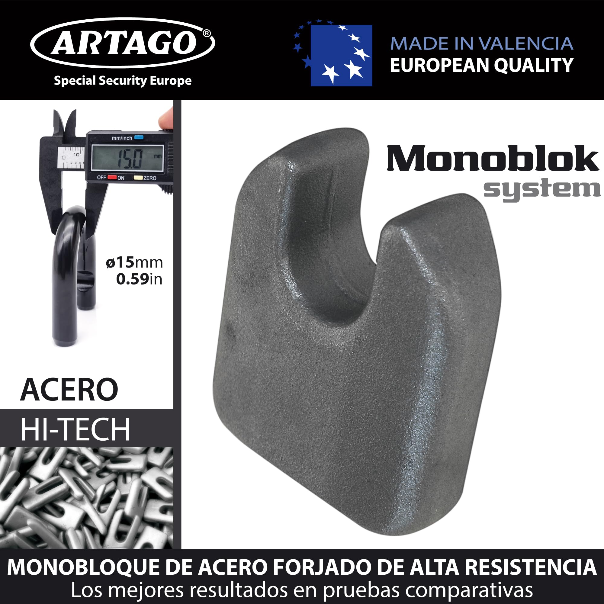 Artago 68T/B Candado Máxima Seguridad ø15mm, BUNKER SELECTION, Homologado Sold Secure Gold, Monoblok, Cerradura con Llave de Alta Seguridad, Combinable con Puerta Exterior, Cadena Grande, Contenedor