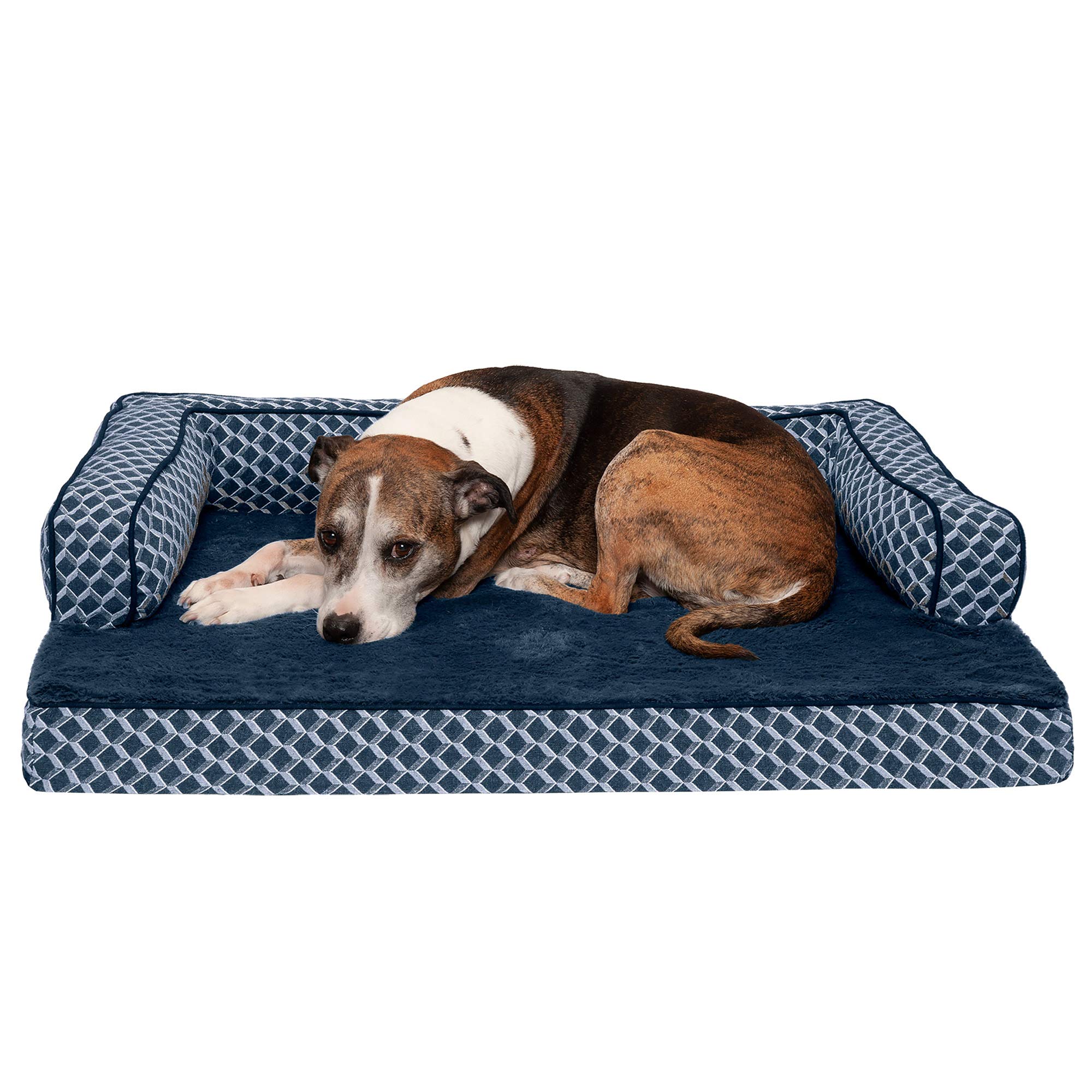 Furhaven Pet Bed for Dogs and Cats - Plush and Decor Comfy Couch Sofa-Style Cooling Gel Foam Dog Bed, Removable Machine Washable Cover - Diamond Blue, Large