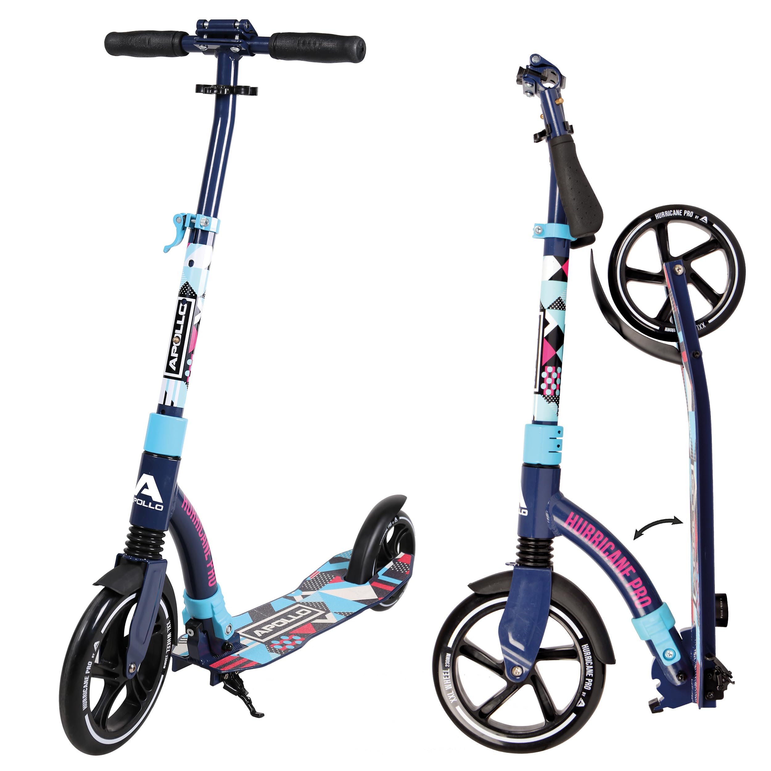 Apollo Scooter - Hurricane City Scooter, 230 mm Giant XXL Wheel con suspensión, City Roller Plegable y Ajustable en Altura, Kick Scooter para Adultos y niños
