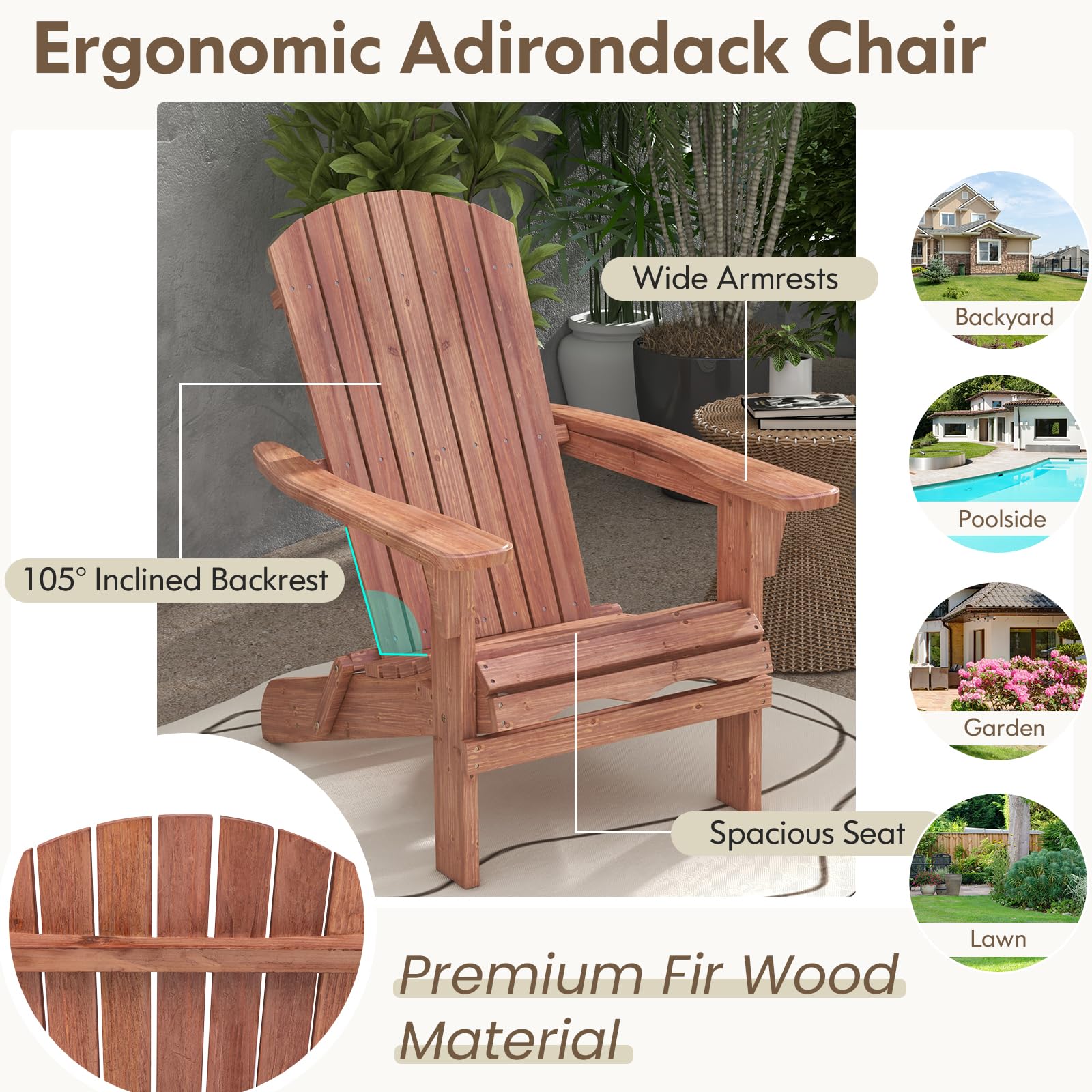 KOMFOTTEU Sedia Adirondack Pieghevole in Legno di Abete, Portata 180kg, Naturale, 2 Pezzi