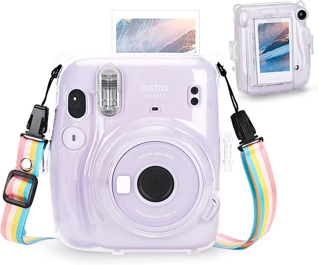 Yosuny Portable Transparent case Compatible with Fujifilm Instax Mini 11 Instant Camera,Hard Carrying Protective Case,Shoulder Straps and Stickers Decoration Set(Transparent)