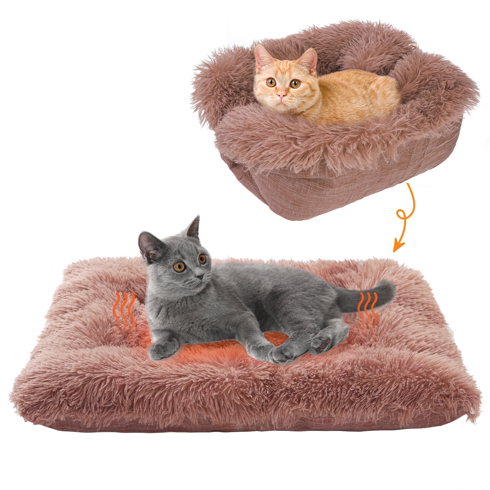 SCENEREAL Lit auto-chauffant pour chat et petit chien, 2 en 1 en peluche douce et lavable pour intérieur et extérieur, marron, 71,1 x 61 cm
