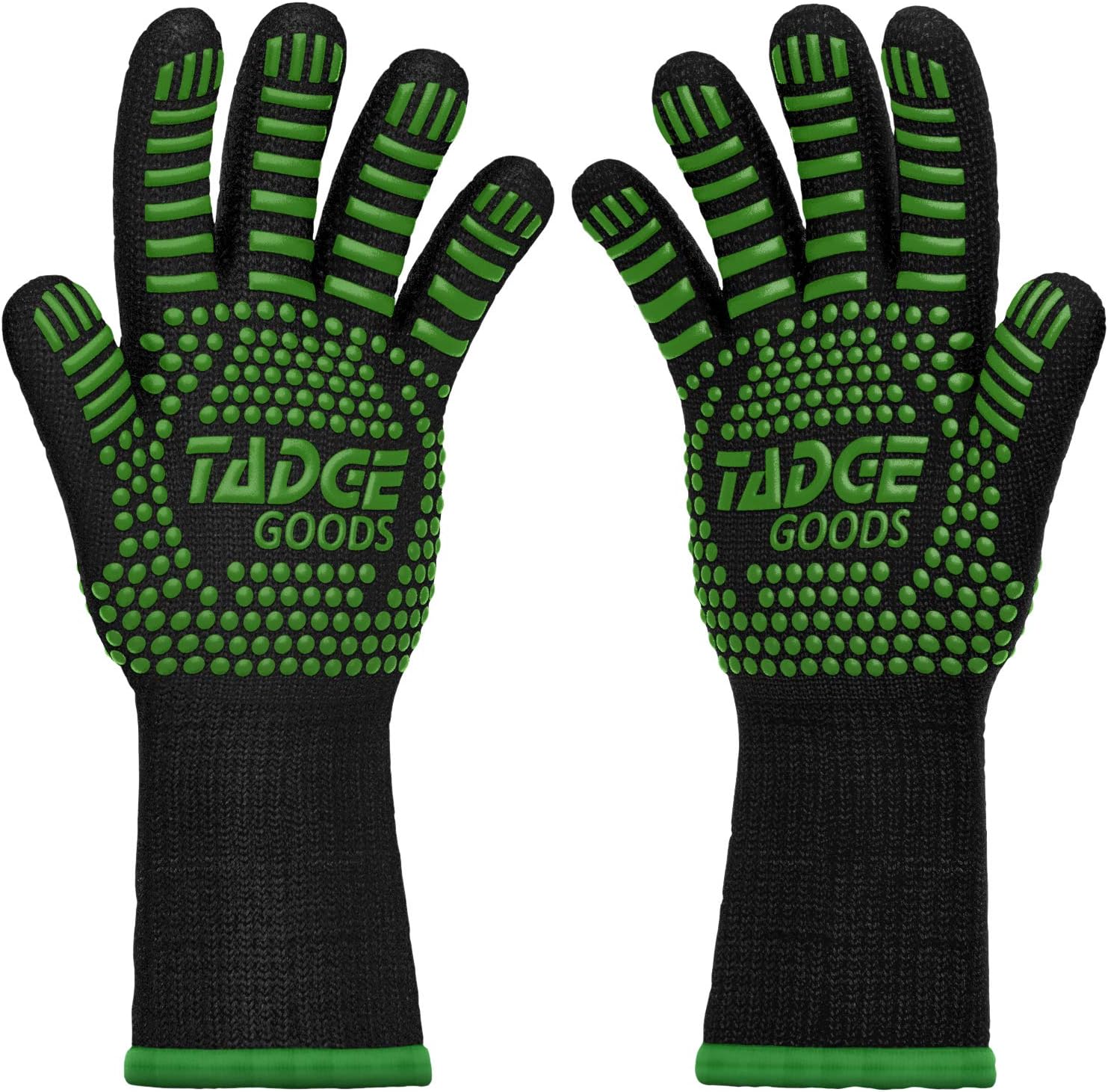 Tadge Goods Oven Mitts Heat Resistant BBQ Gloves – Best Silicone Cooking & Grilling Accessories – Extreme Hot 932 Degrees Hand & Forearm Protection, Green