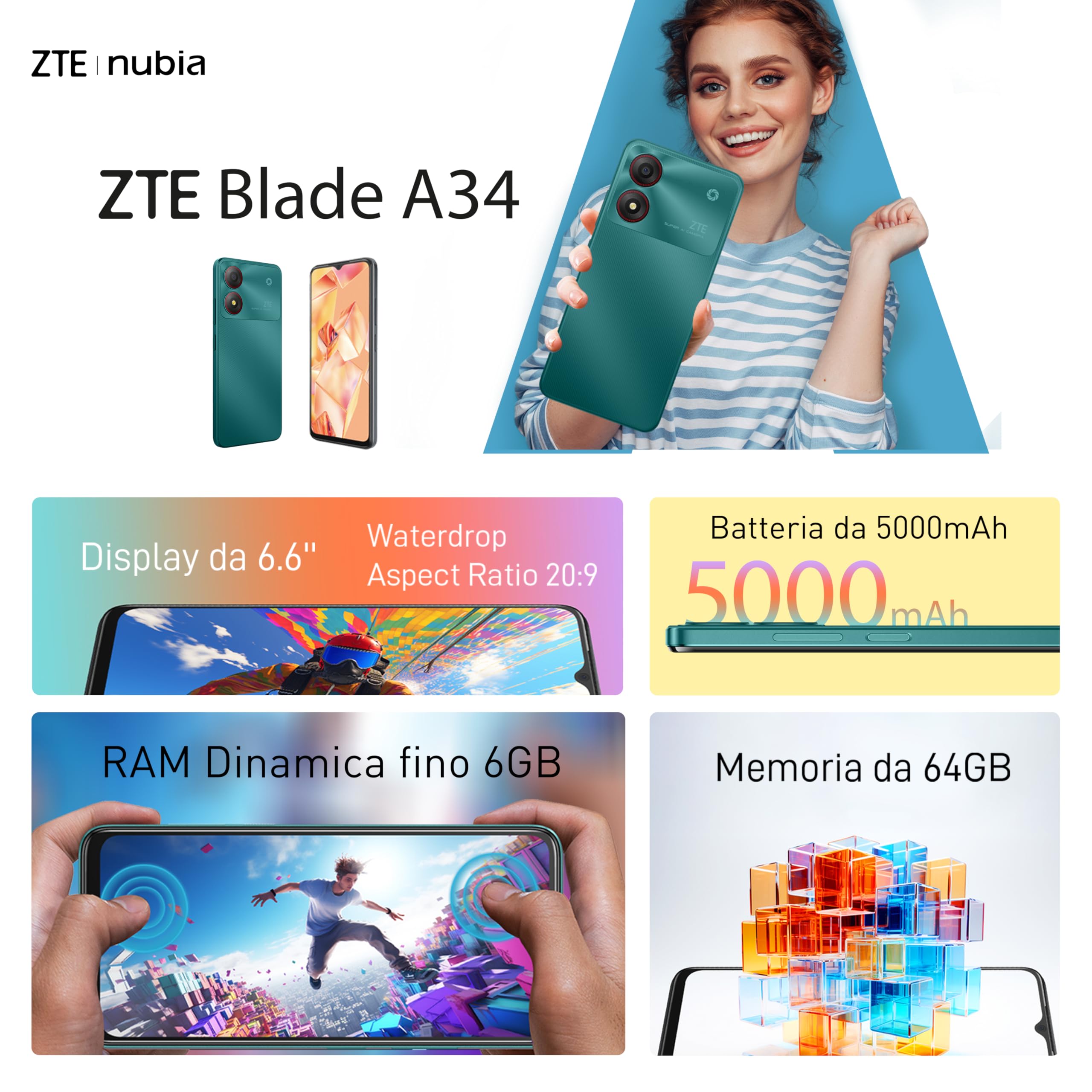 ZTE Blade A34 Grey - Smartphone 6.6" HD+, Fotocamera 8MP, Batteria 5000mAh, 2 GB RAM e 64GB ROM, Octa-Core, Android 13, Riconoscimento Facciale, Display Waterdrop, Memory Fusion