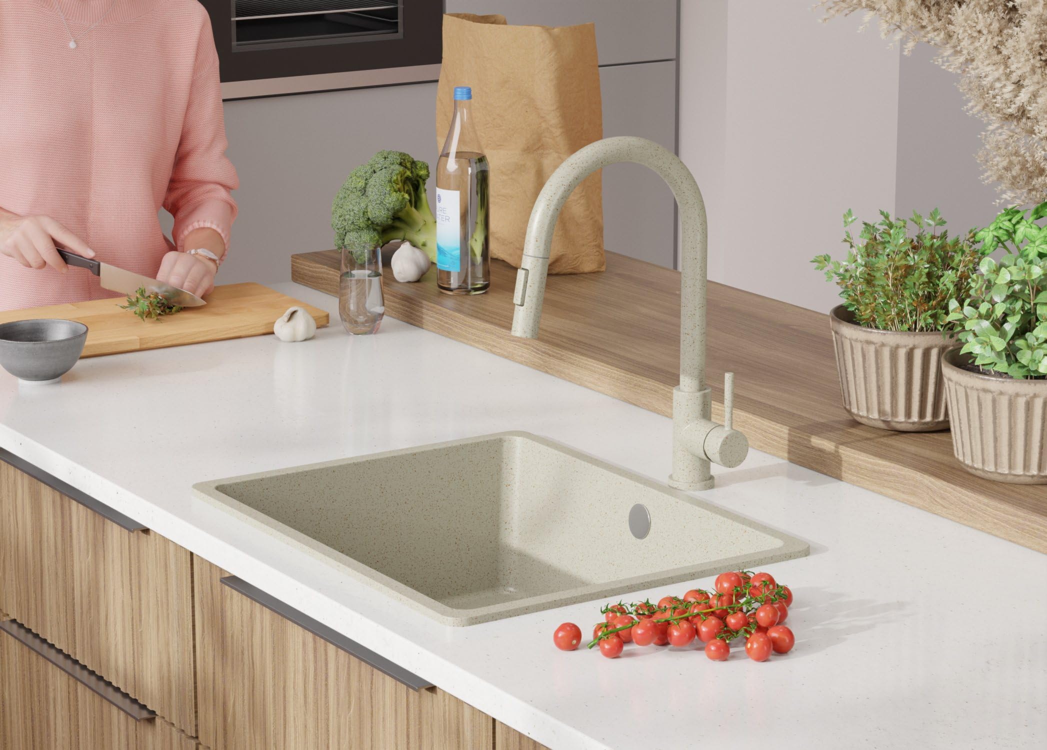 PRIMAGRAN Fregadero Cocina Todo Beige - Venecia Easy Slim, 56x44cm | Granito 1 Seno + Sifón, sobre Encimera al Mueble 60cm (S070)