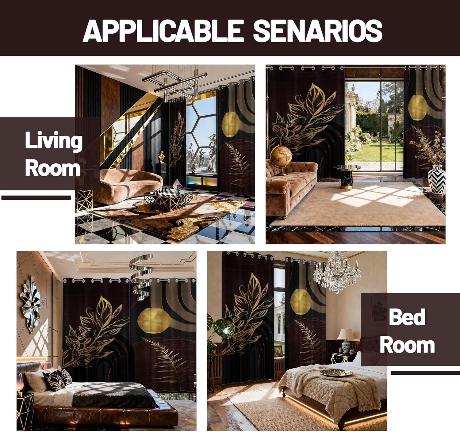 Mid Century Modern Black and Brown Blackout Curtains, Bohemian Gold Dark Brown and Black Window Drapes for Bedroom Living Room, 63 inch Length 2 Panels Set, 52x63 inch