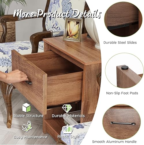 Miniatura 6 de Giantex Mesita de noche con cajón, juego de 2 mesas auxiliares de madera con compartimento de almacenamiento abierto, mesa auxiliar multiusos para