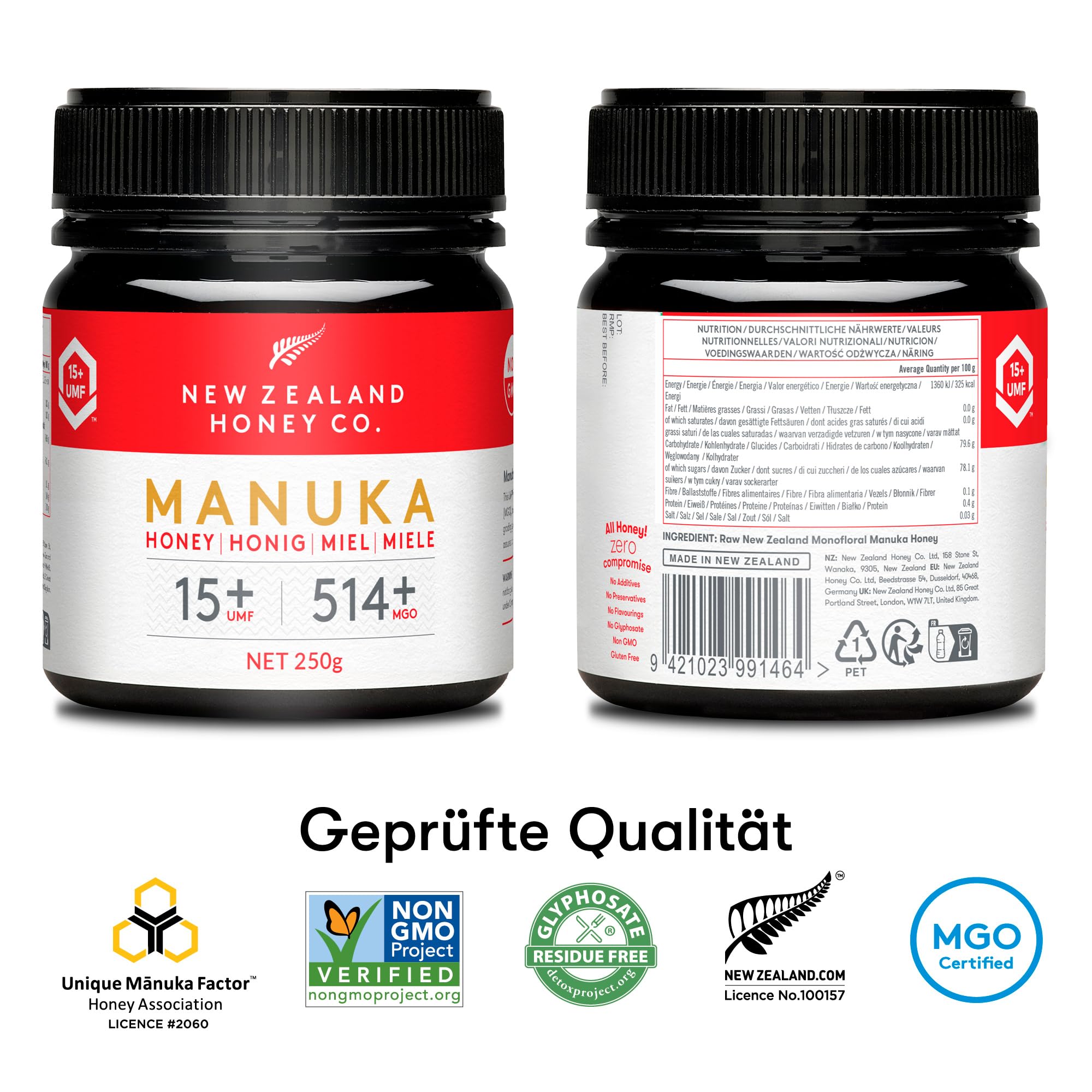 Manuka Honig MGO 514+ UMF 15+ 250g Aktiv Roh Hergestellt in Neuseeland Zertifiziertem Methylglyoxal Gehalt