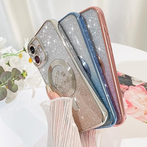 Vista 340 de Fiyart - Funda transparente magnética con purpurina para iPhone 12 para mujeres, con grabado "Love" metálico, protección para cámara y antigolpes