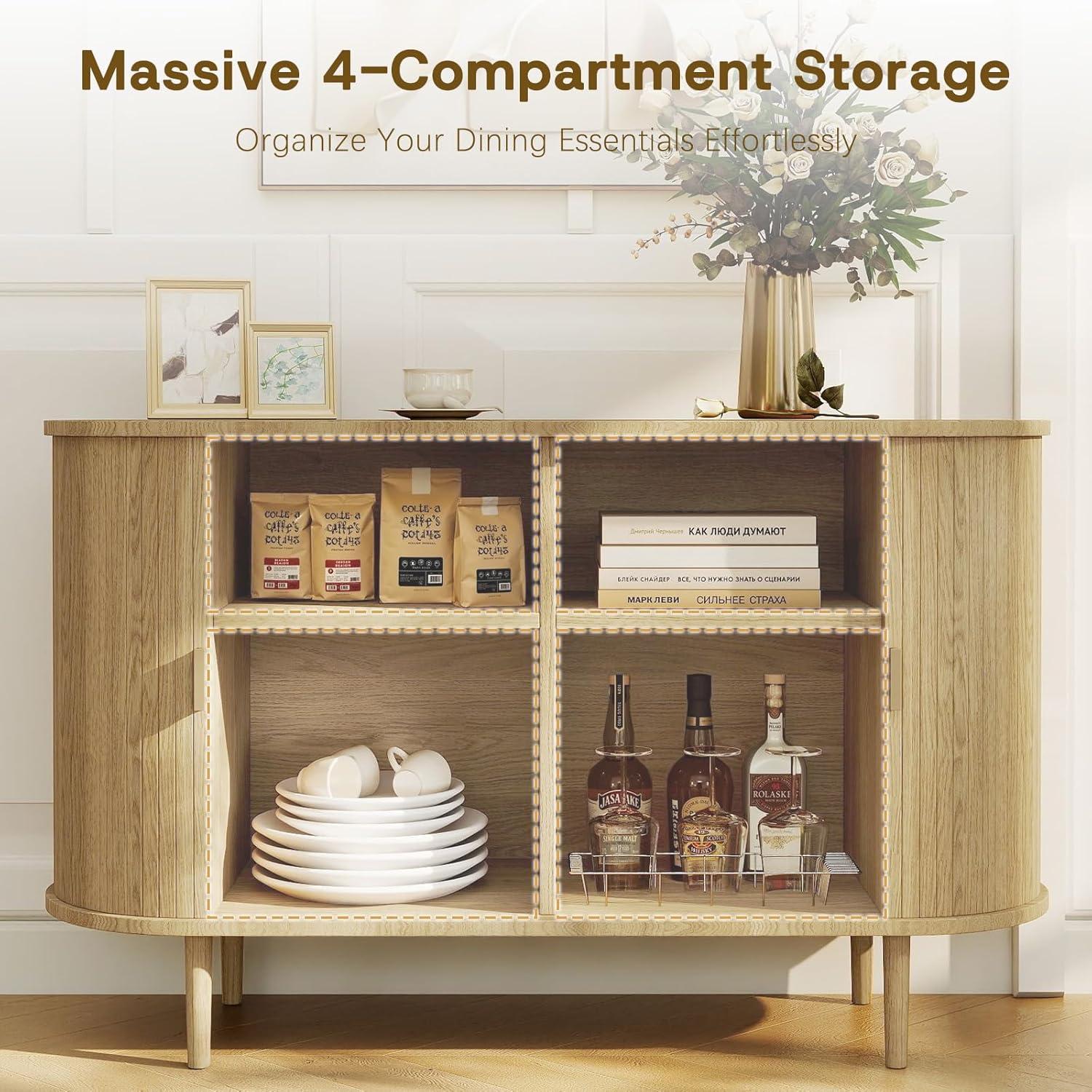 Fluted Sideboard Buffet Cabinet with Storage, 47" Mid-Century Modern Console Table with Sliding Doors, Wood Credenza for Dining Room, Coffee Bar Station, Light Oak