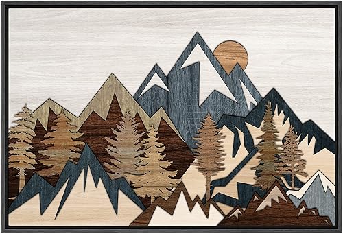 SIGNWIN Lienzo enmarcado para pared, efecto de panel de madera, cordillera, bosque, naturaleza, desierto, arte digital, arte moderno, decorativo zen