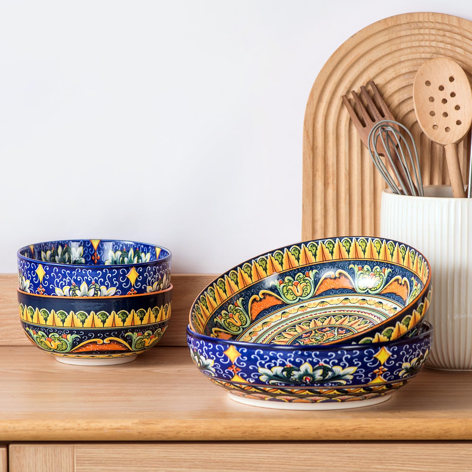 Henten Home Pastateller, Suppenteller/Tiefteller Set 2er, 1500ml Buntes Salatschüsseln für Suppe, Nudel, Spaghetti, Pasta, Salat - Serie Mylo, Boho Stil