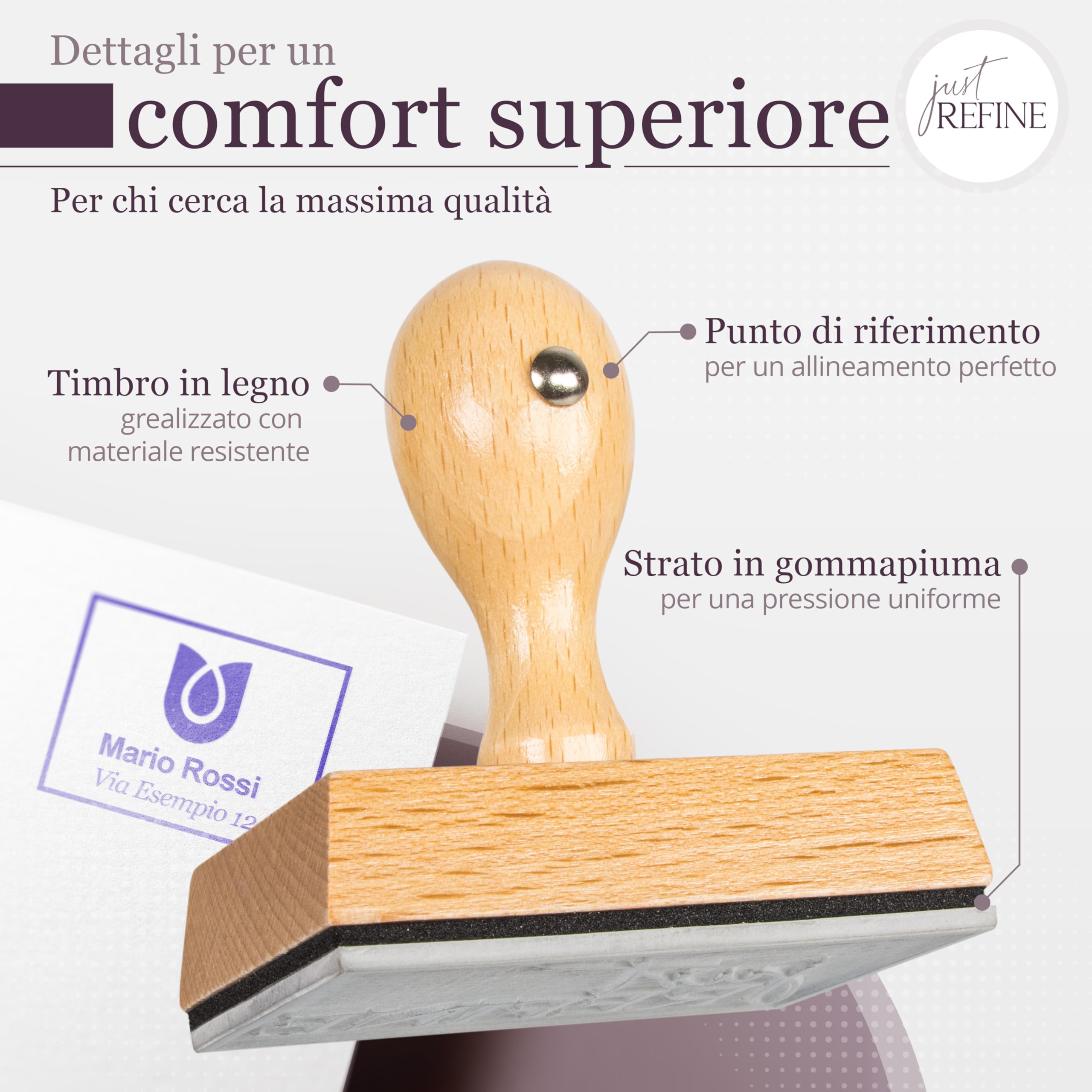 Timbro personalizzato, timbro con logo/testo, timbro aziendale con logo e testo, timbro con indirizzo e data in legno, varie dimensioni (ø 50mm)