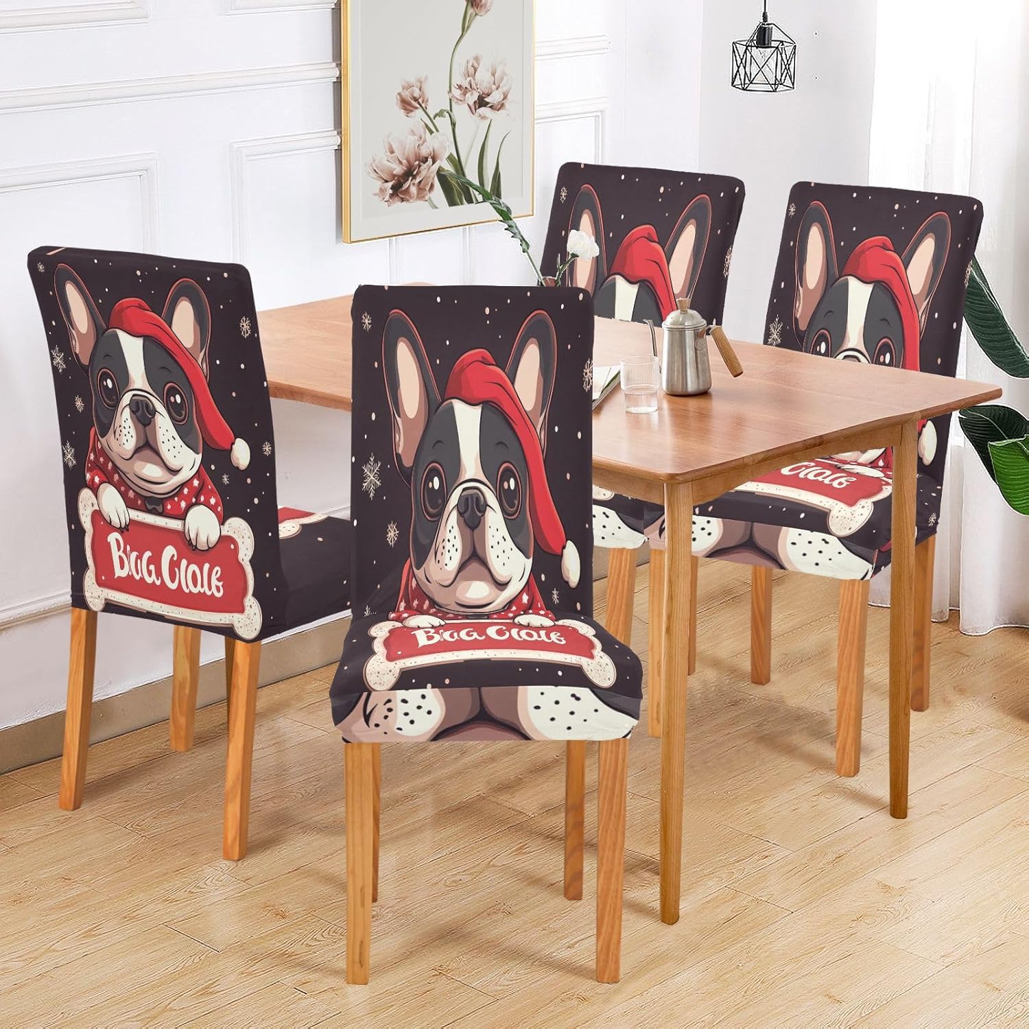 ALAZA Chair Covers for Dining Room, Merry Christmas Cute French Bulldog Bone Christmas Hat Stretch Chair Cover Sets Chair Protector Removable Washable for Ktichen Restaurant Hotel