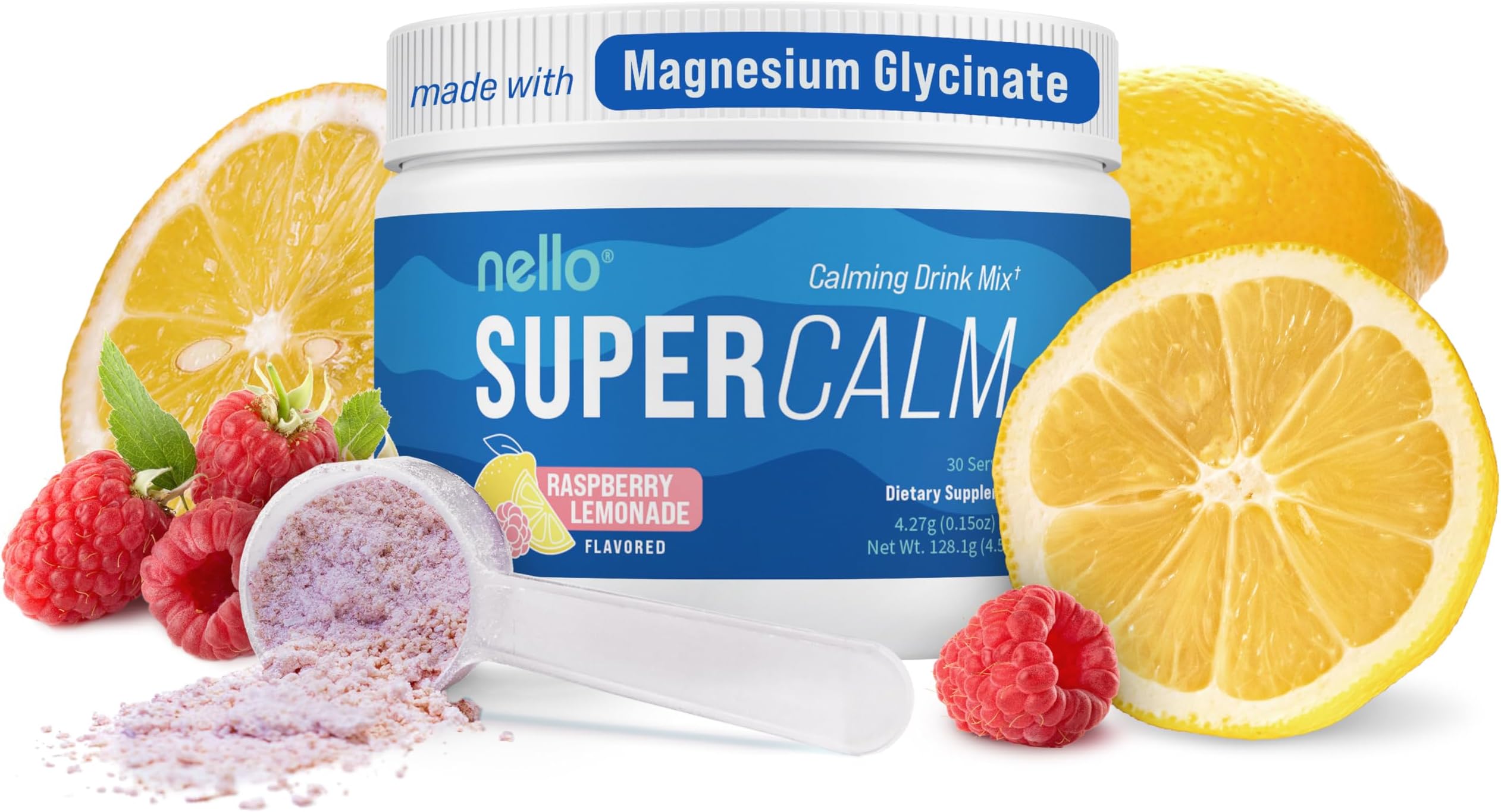 Nello Supercalm Powdered Drink Mix Tub, Cortisol Reducer*, Sleep Aid Supplement, L Theanine, Ksm-66 Ashwagandha, Magnesium Glycinate, Vitamin D 3, No Sugar, Non GMO, 30 Ct, Raspberry Lemonade