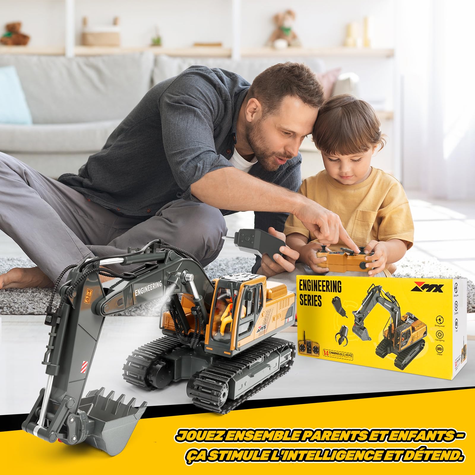 Charmofun Pelleteuse Télécommandée 3-en-1, 2,4GHz RC avec 3 Têtes Métalliques, Cabine Pivotante 680° avec Lumières et Musique, Jouet Engin de Chantier Cadeau Enfant 3-12 Ans