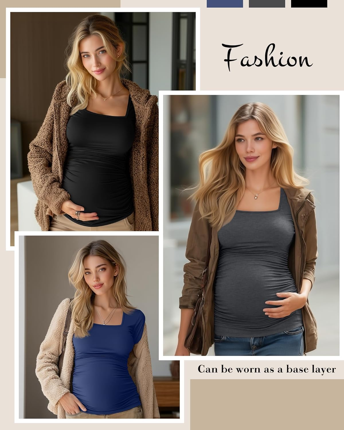 3 Pack Women's Maternity Shirts Long Sleeve Side Ruched Pregnancy Tops Square Neck Basic Tunic Knit Mama Clothes - Image 4